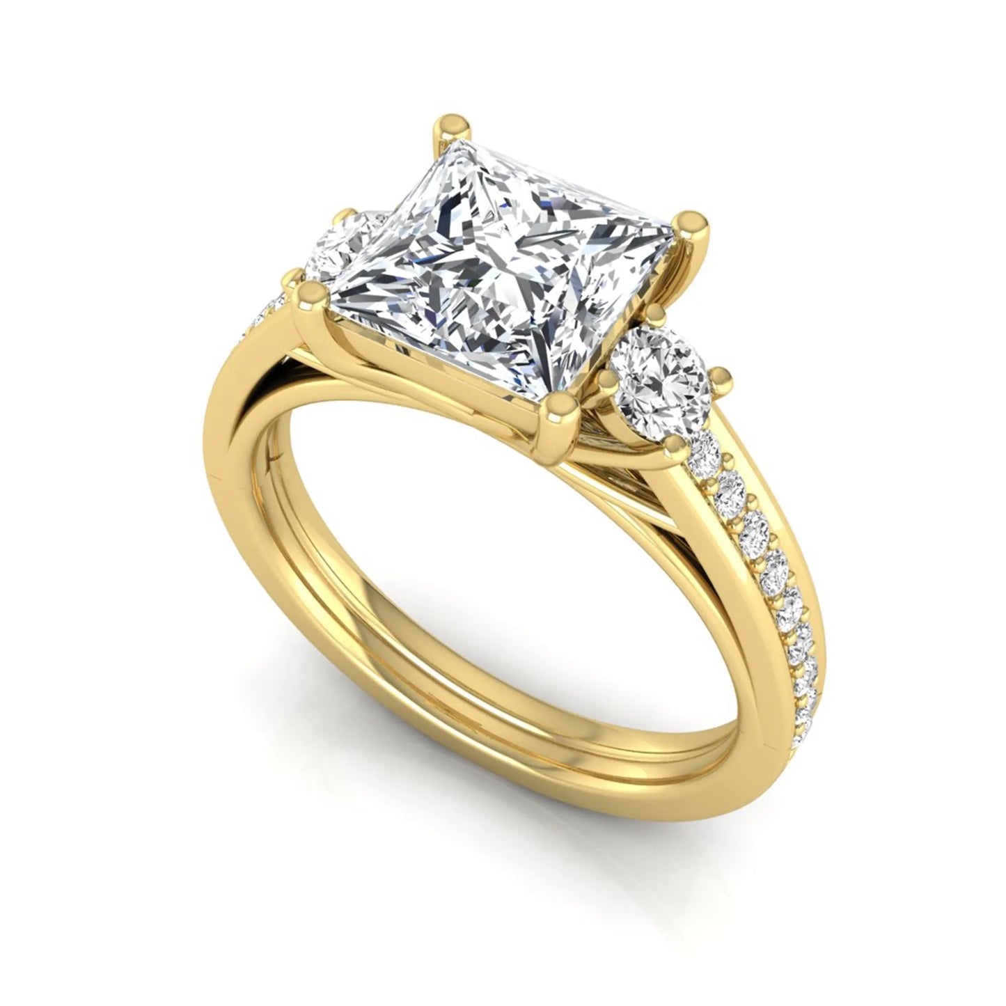 Princess cut three stone lab grown diamond engagement ring featuring a princess center diamond, round side diamonds, and pavé band in yellow metal tone.