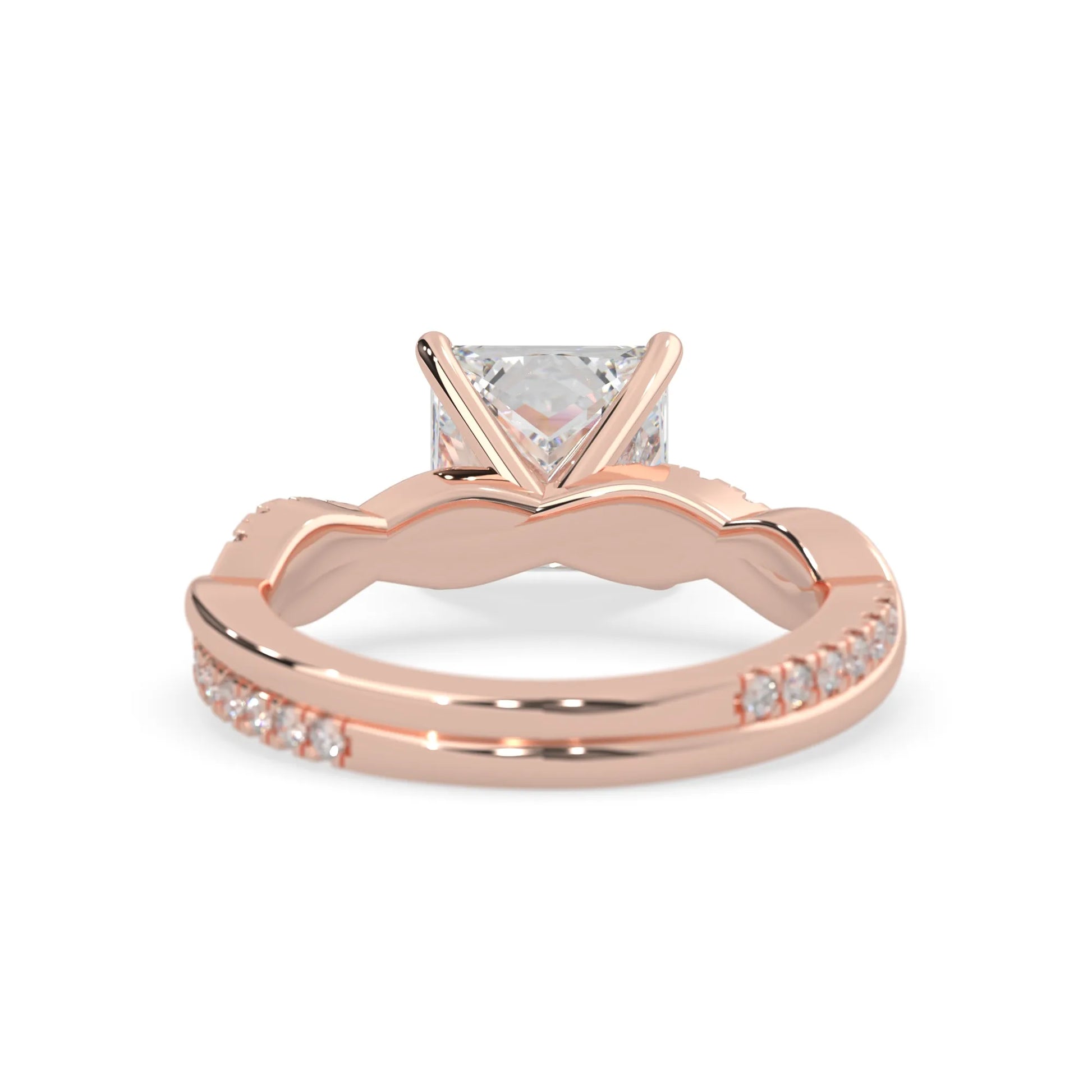 Princess brilliant lab grown diamond engagement ring with prong setting and twisted pavé diamond band in rose gold tone