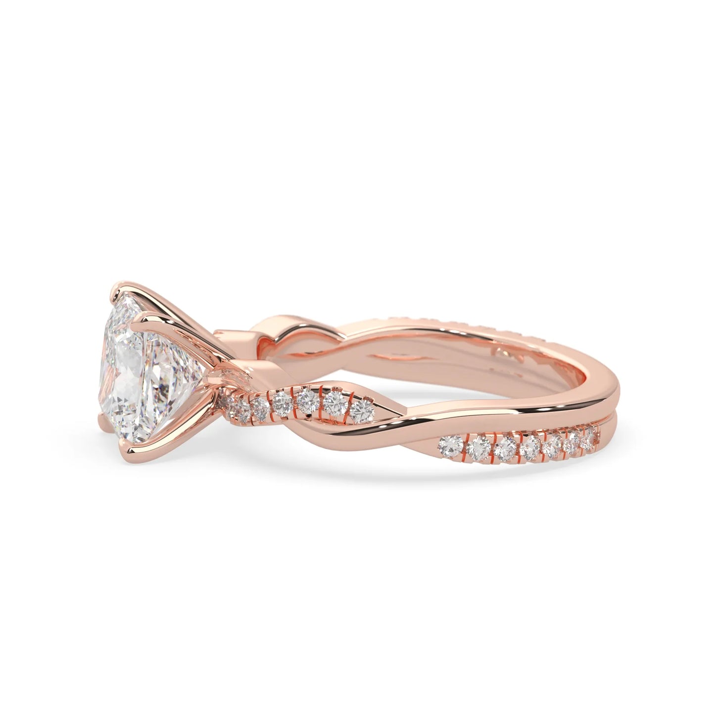 Princess brilliant lab grown diamond engagement ring with prong setting and twisted pavé diamond band in rose gold tone
