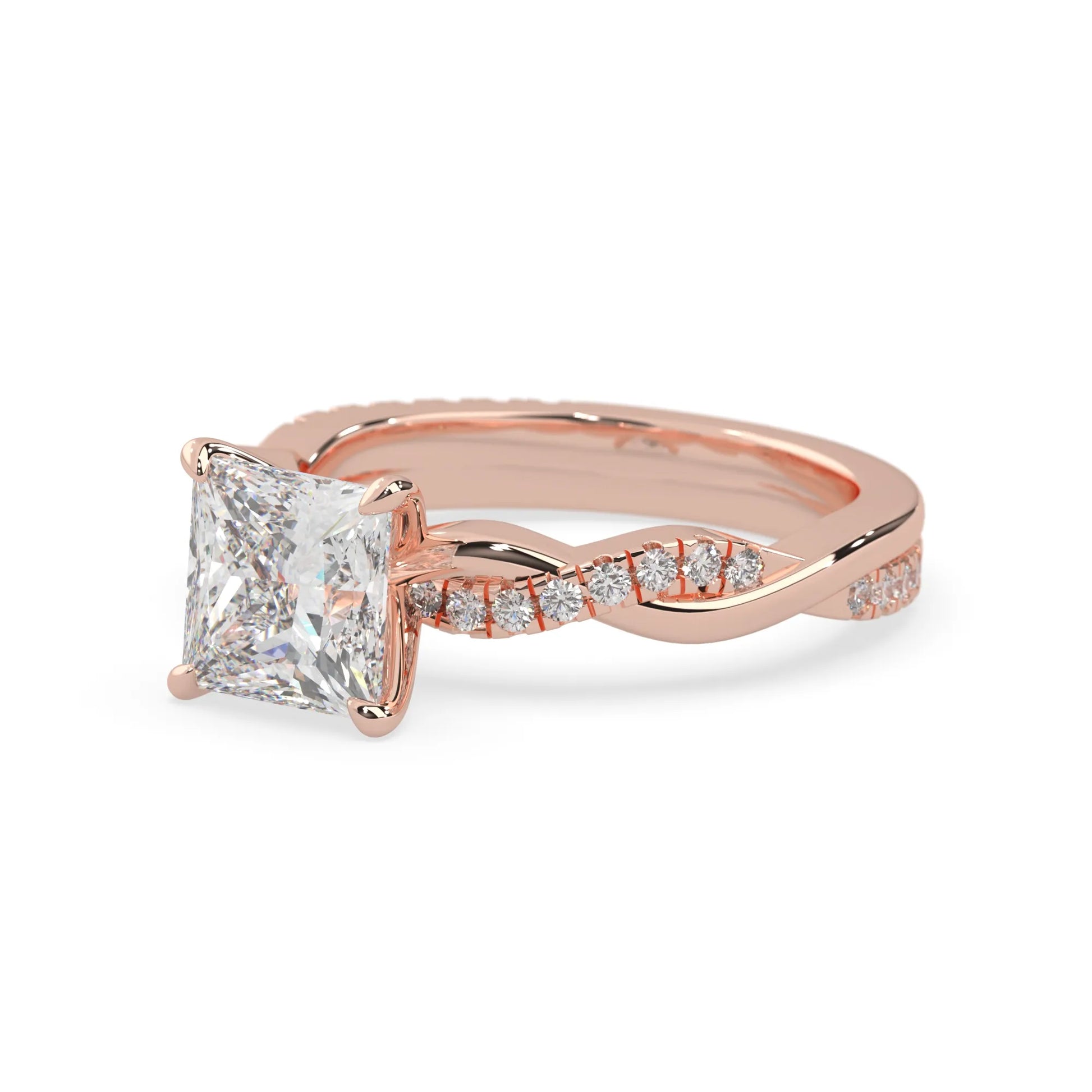 Princess brilliant lab grown diamond engagement ring with prong setting and twisted pavé diamond band in rose gold tone