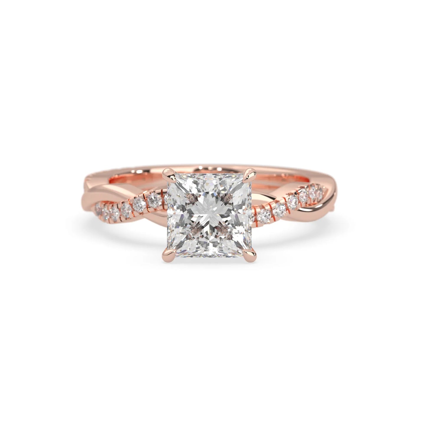 Princess brilliant lab grown diamond engagement ring with prong setting and twisted pavé diamond band in rose gold tone