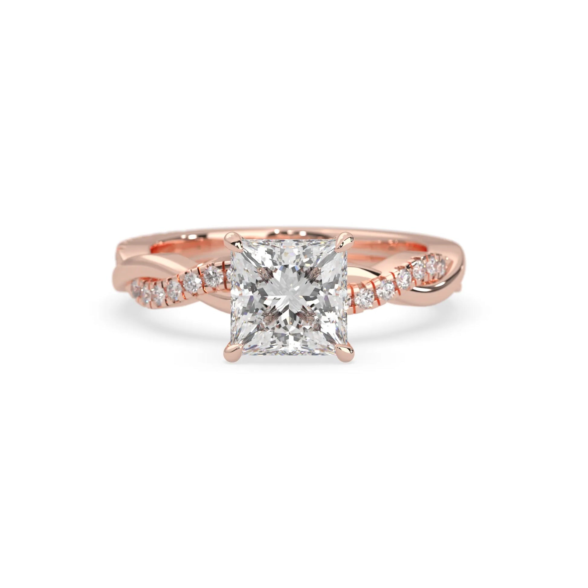 Princess brilliant lab grown diamond engagement ring with prong setting and twisted pavé diamond band in rose gold tone