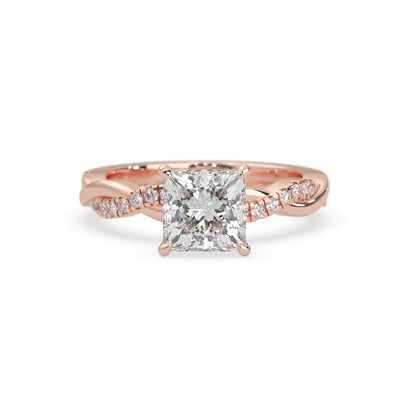 Princess brilliant lab grown diamond engagement ring with prong setting and twisted pavé diamond band in rose gold tone