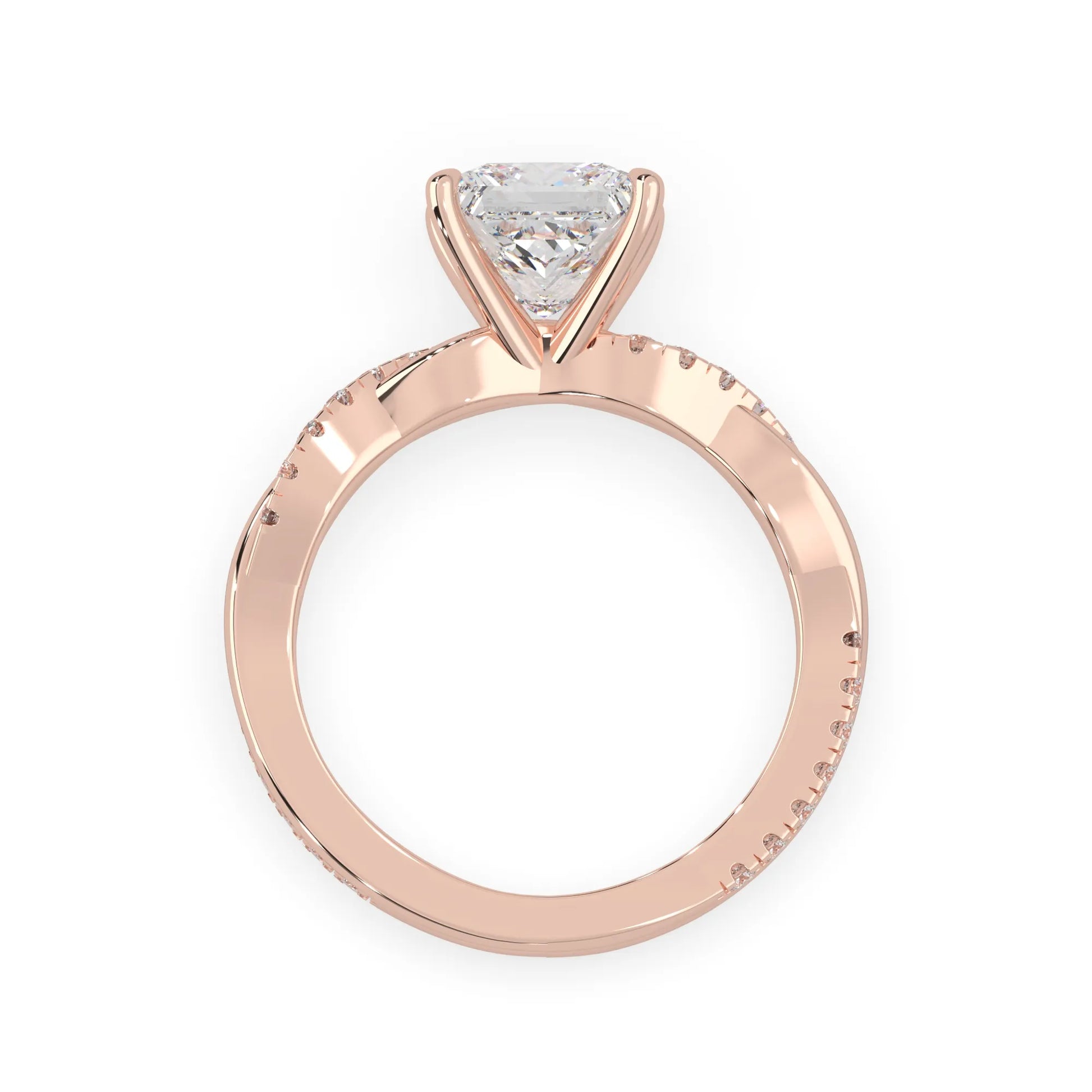 Princess brilliant lab grown diamond engagement ring with prong setting and twisted pavé diamond band in rose gold tone