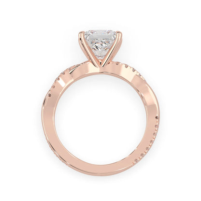 Princess brilliant lab grown diamond engagement ring with prong setting and twisted pavé diamond band in rose gold tone