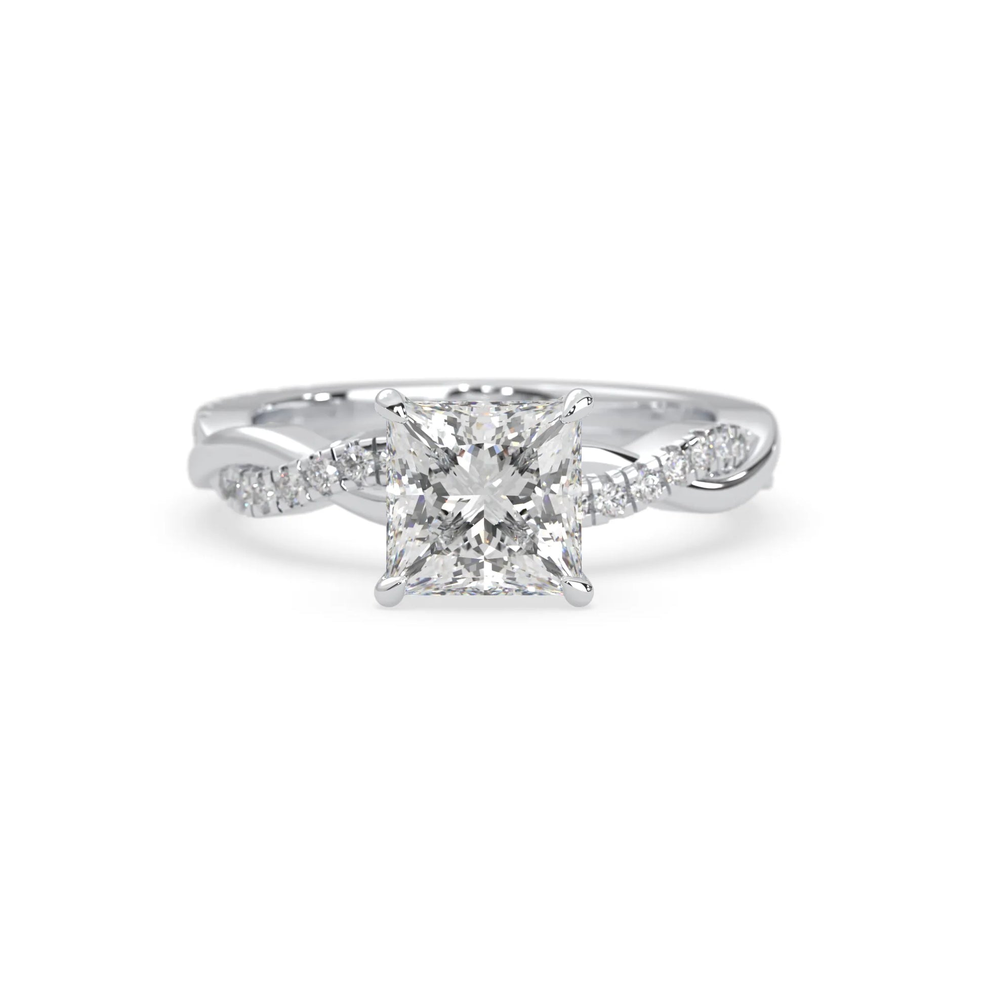 Princess brilliant lab grown diamond engagement ring with prong setting and twisted pavé diamond band in white gold tone