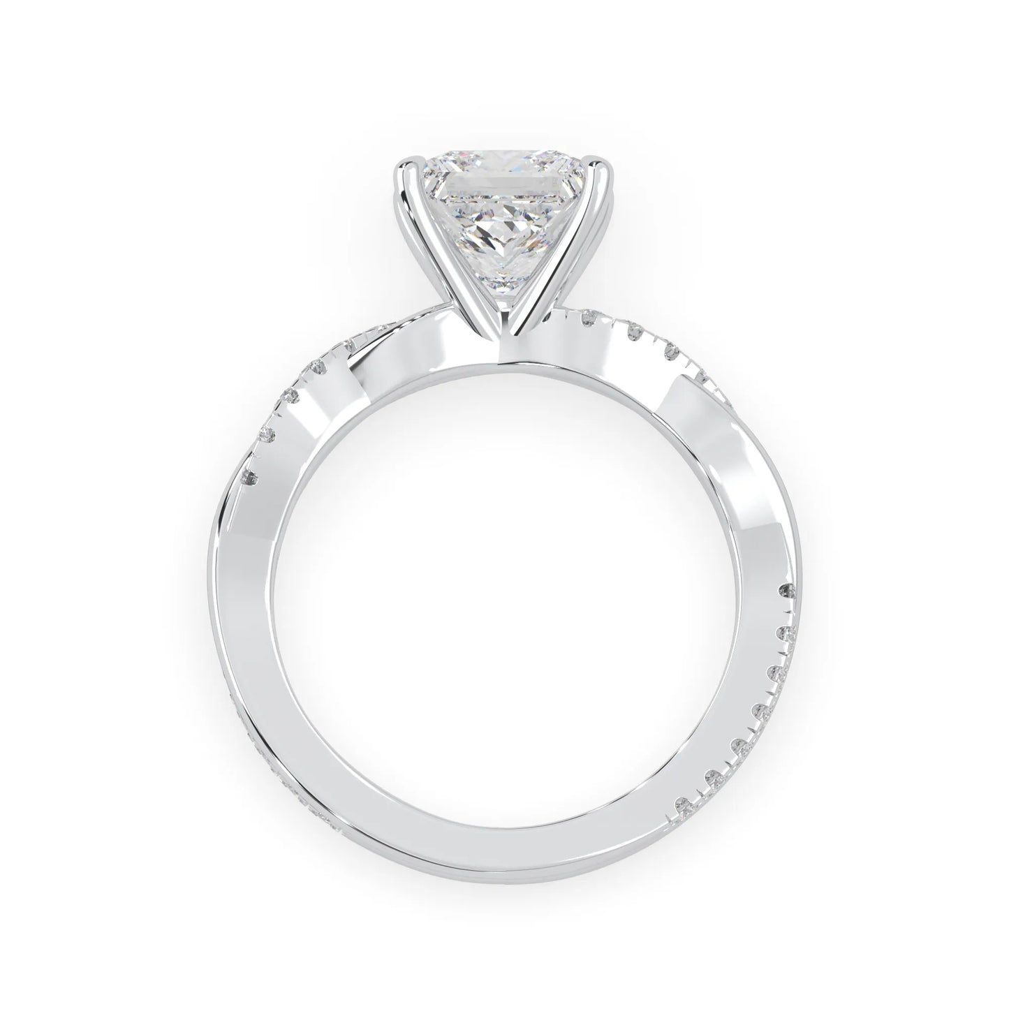 Princess brilliant lab grown diamond engagement ring with prong setting and twisted pavé diamond band in white gold tone