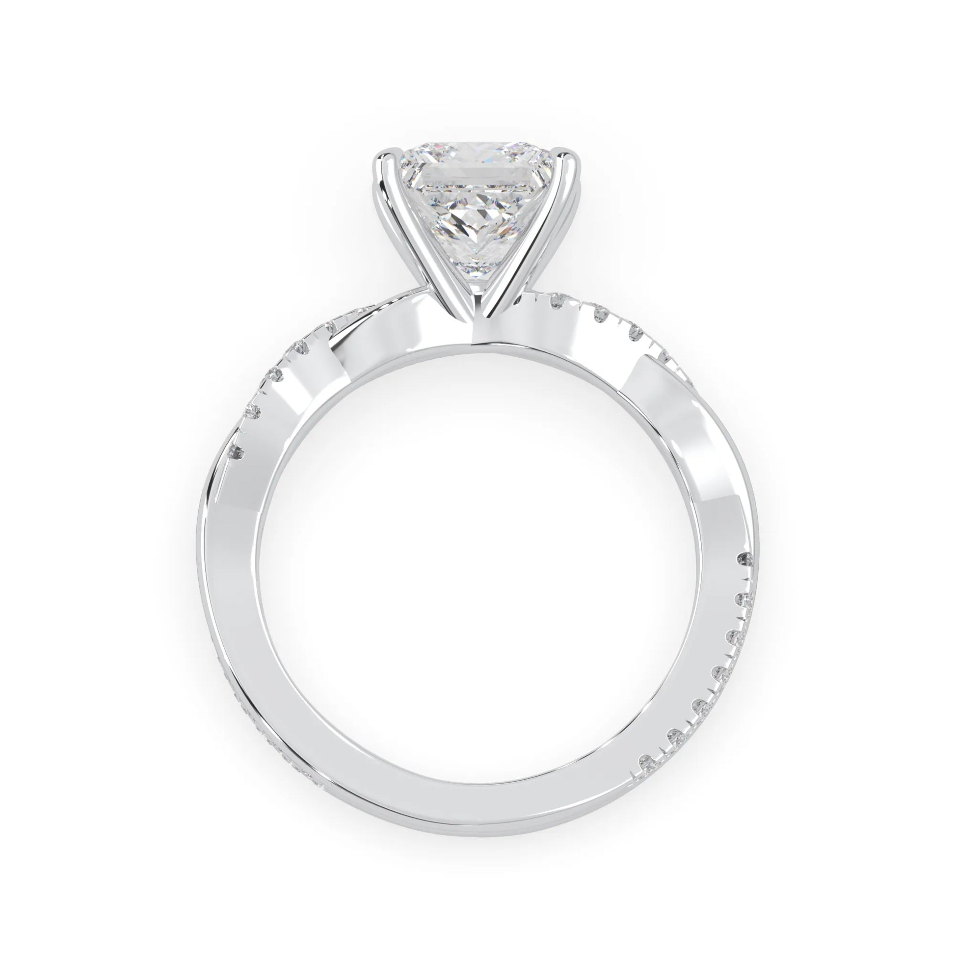 Princess brilliant lab grown diamond engagement ring with prong setting and twisted pavé diamond band in white gold tone