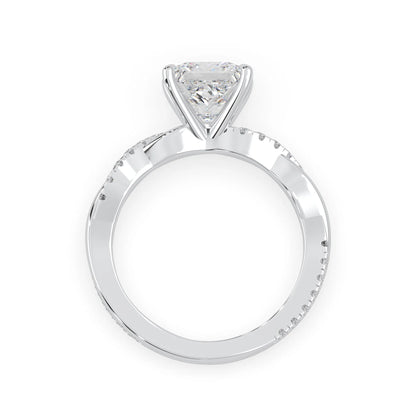 Princess brilliant lab grown diamond engagement ring with prong setting and twisted pavé diamond band in white gold tone