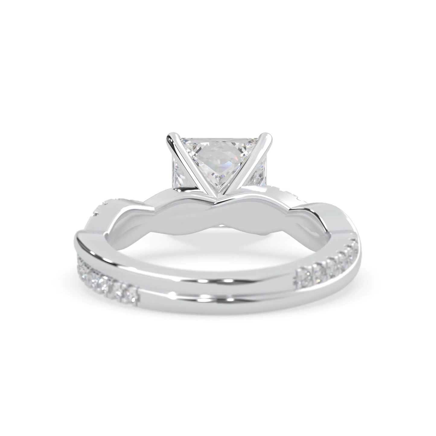 Princess brilliant lab grown diamond engagement ring with prong setting and twisted pavé diamond band in white gold tone