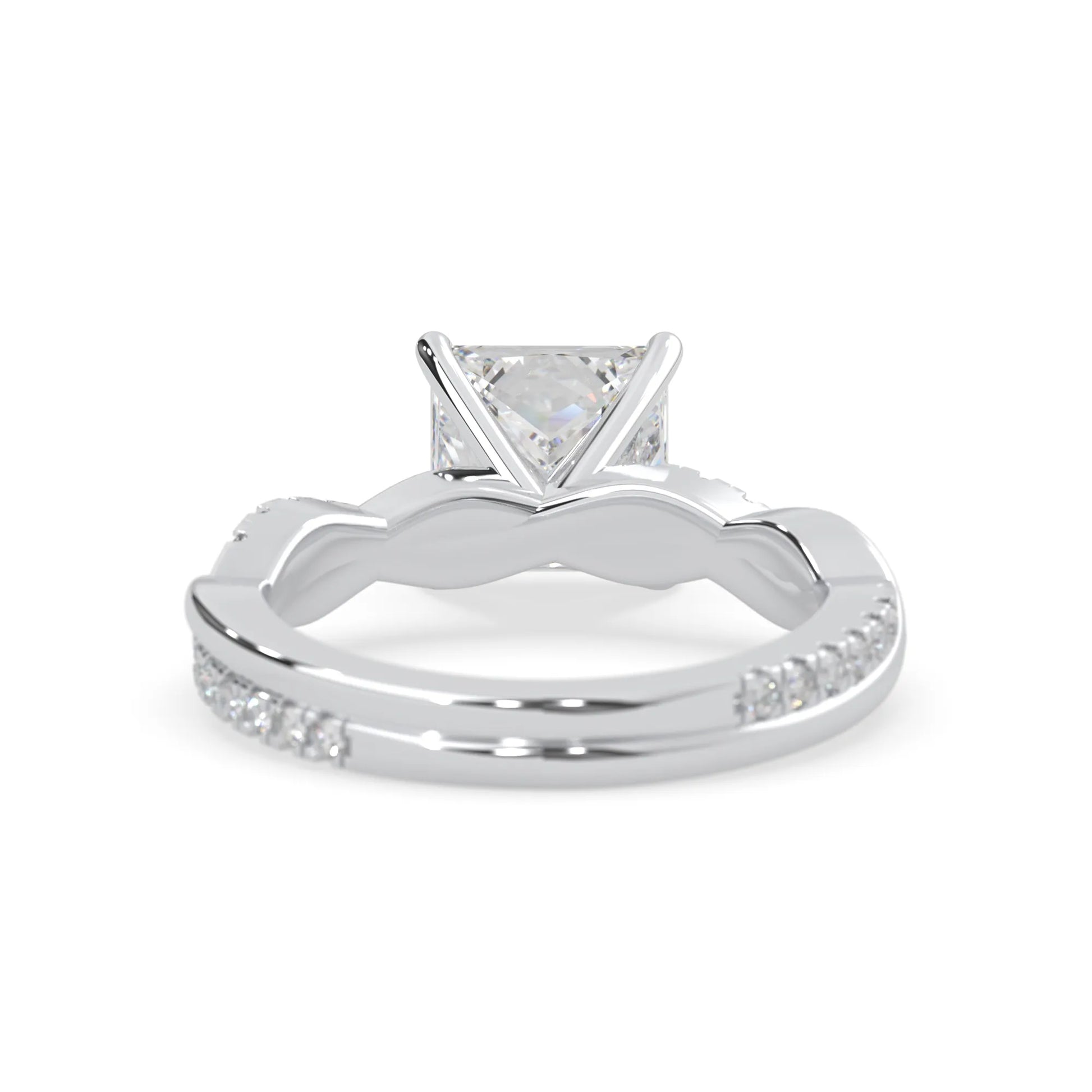 Princess brilliant lab grown diamond engagement ring with prong setting and twisted pavé diamond band in white gold tone