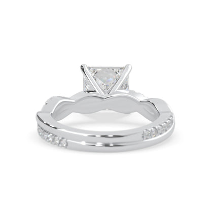 Princess brilliant lab grown diamond engagement ring with prong setting and twisted pavé diamond band in white gold tone