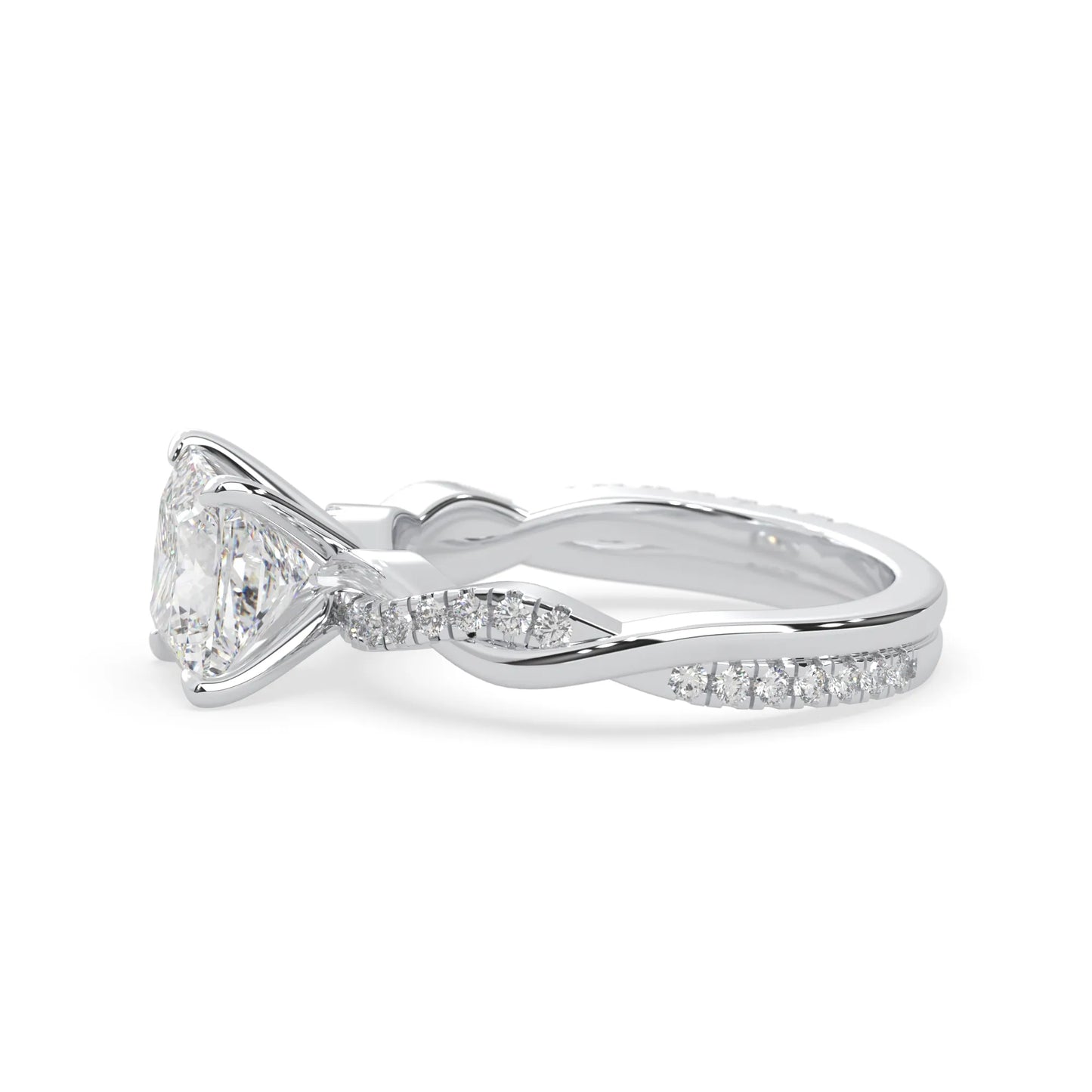 Princess brilliant lab grown diamond engagement ring with prong setting and twisted pavé diamond band in white gold tone