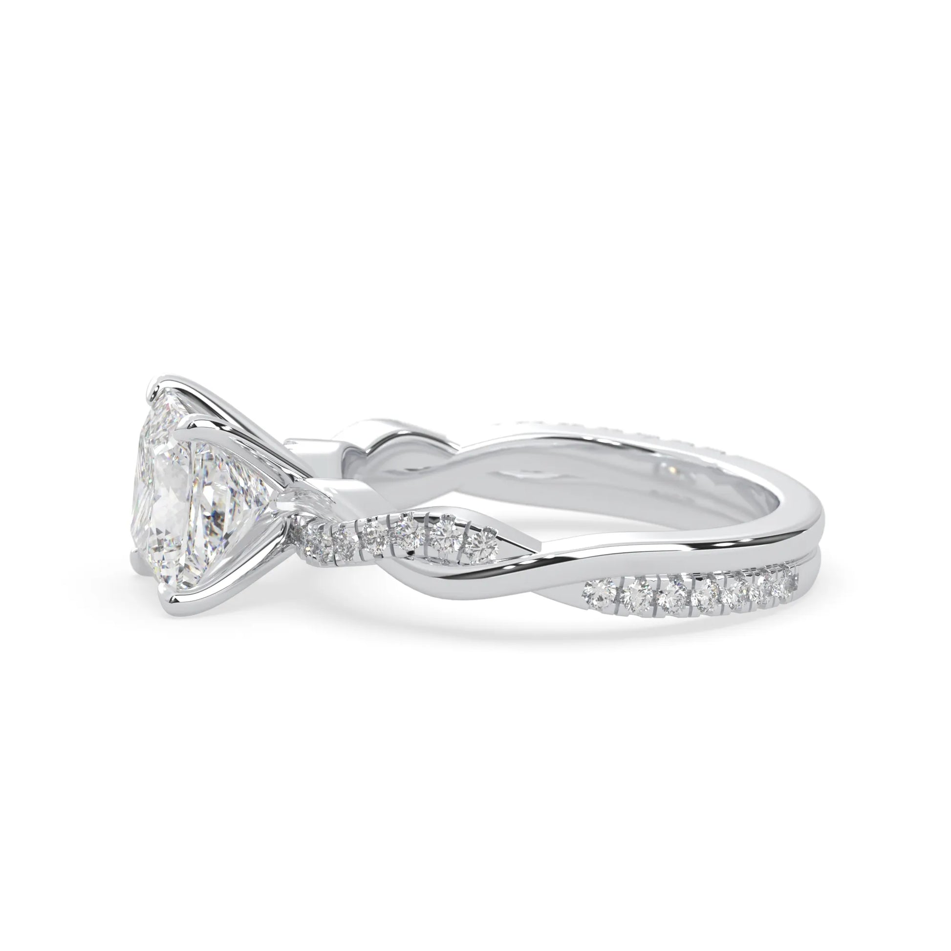 Princess brilliant lab grown diamond engagement ring with prong setting and twisted pavé diamond band in white gold tone
