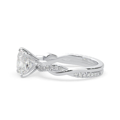 Princess brilliant lab grown diamond engagement ring with prong setting and twisted pavé diamond band in white gold tone