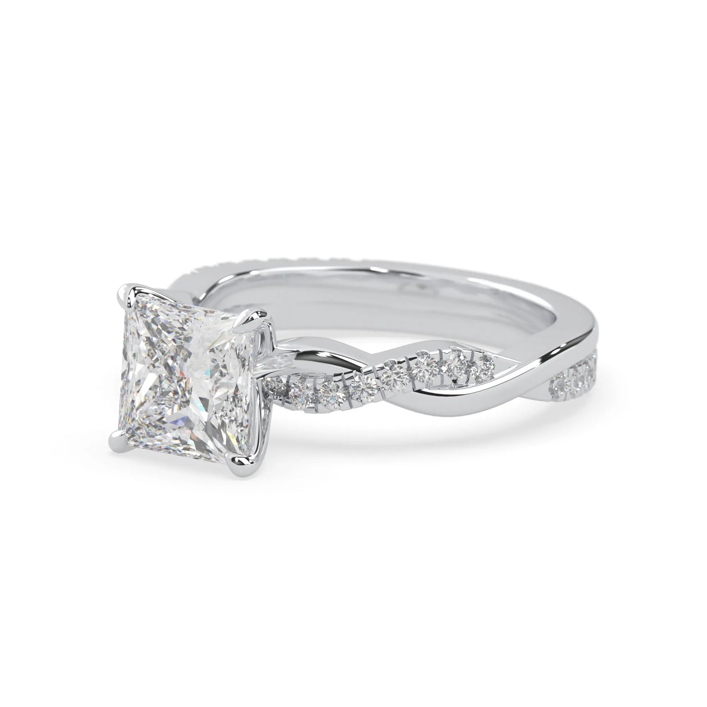 Princess brilliant lab grown diamond engagement ring with prong setting and twisted pavé diamond band in white gold tone