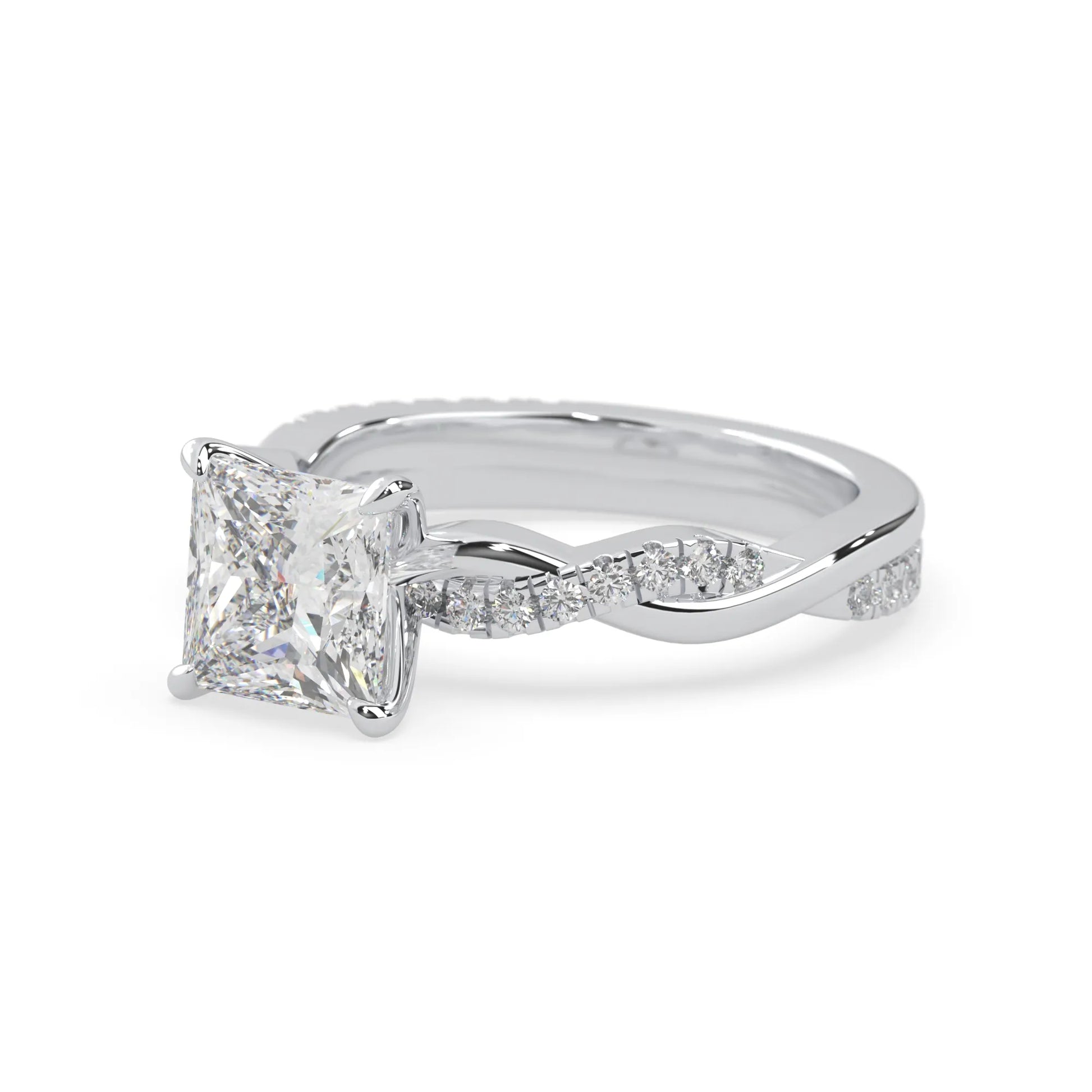 Princess brilliant lab grown diamond engagement ring with prong setting and twisted pavé diamond band in white gold tone