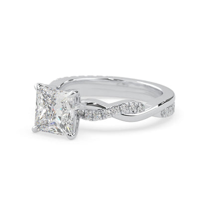 Princess brilliant lab grown diamond engagement ring with prong setting and twisted pavé diamond band in white gold tone