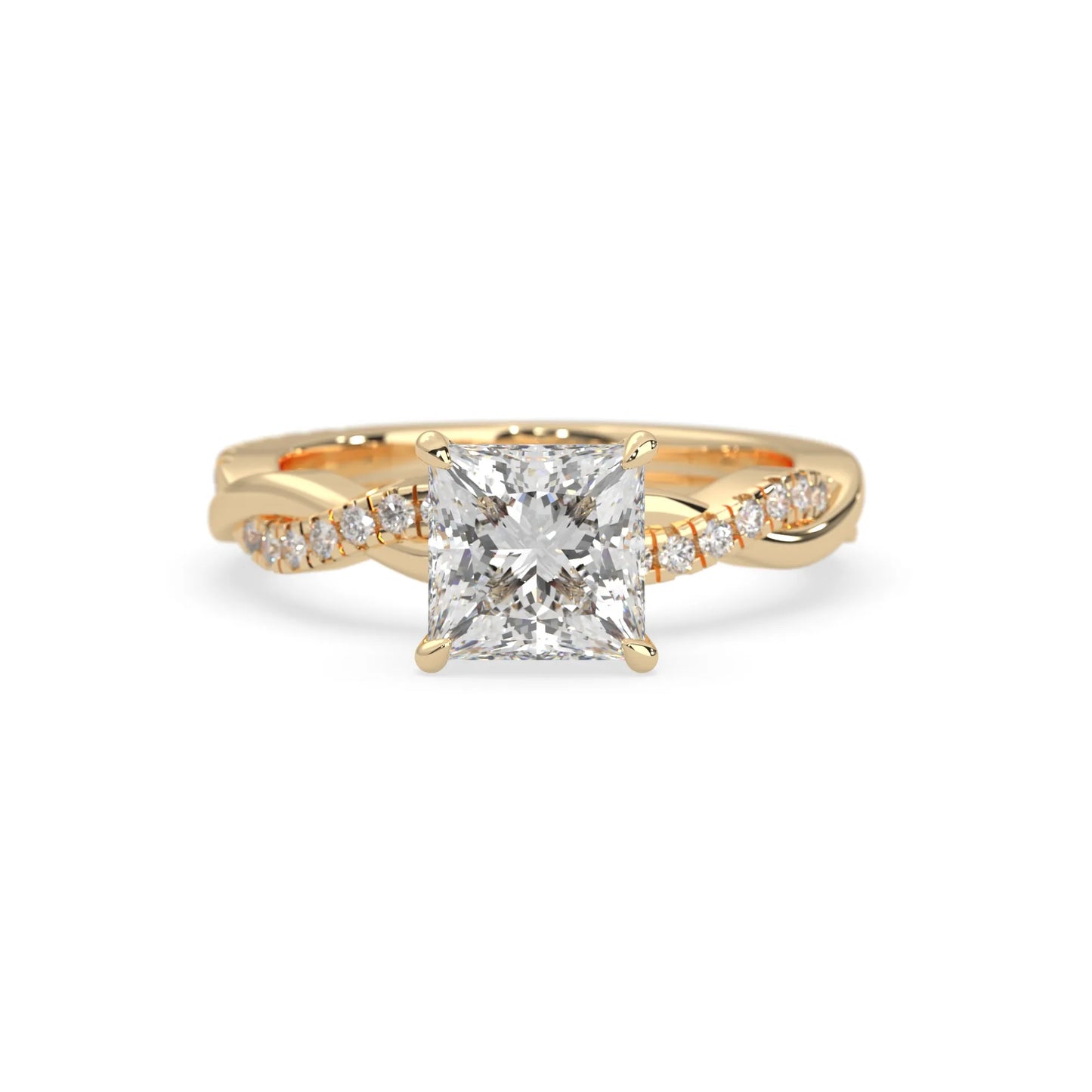 Princess brilliant lab grown diamond engagement ring with prong setting and twisted pavé diamond band in yellow gold tone