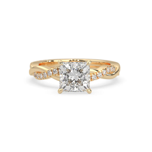 Princess brilliant lab grown diamond engagement ring with prong setting and twisted pavé diamond band in yellow gold tone