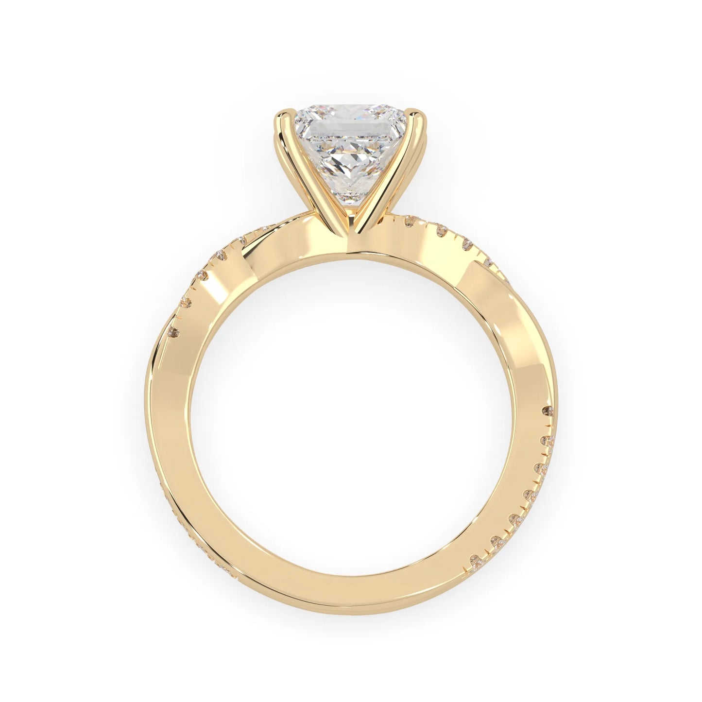 Princess brilliant lab grown diamond engagement ring with prong setting and twisted pavé diamond band in yellow gold tone