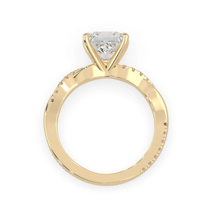 Princess brilliant lab grown diamond engagement ring with prong setting and twisted pavé diamond band in yellow gold tone
