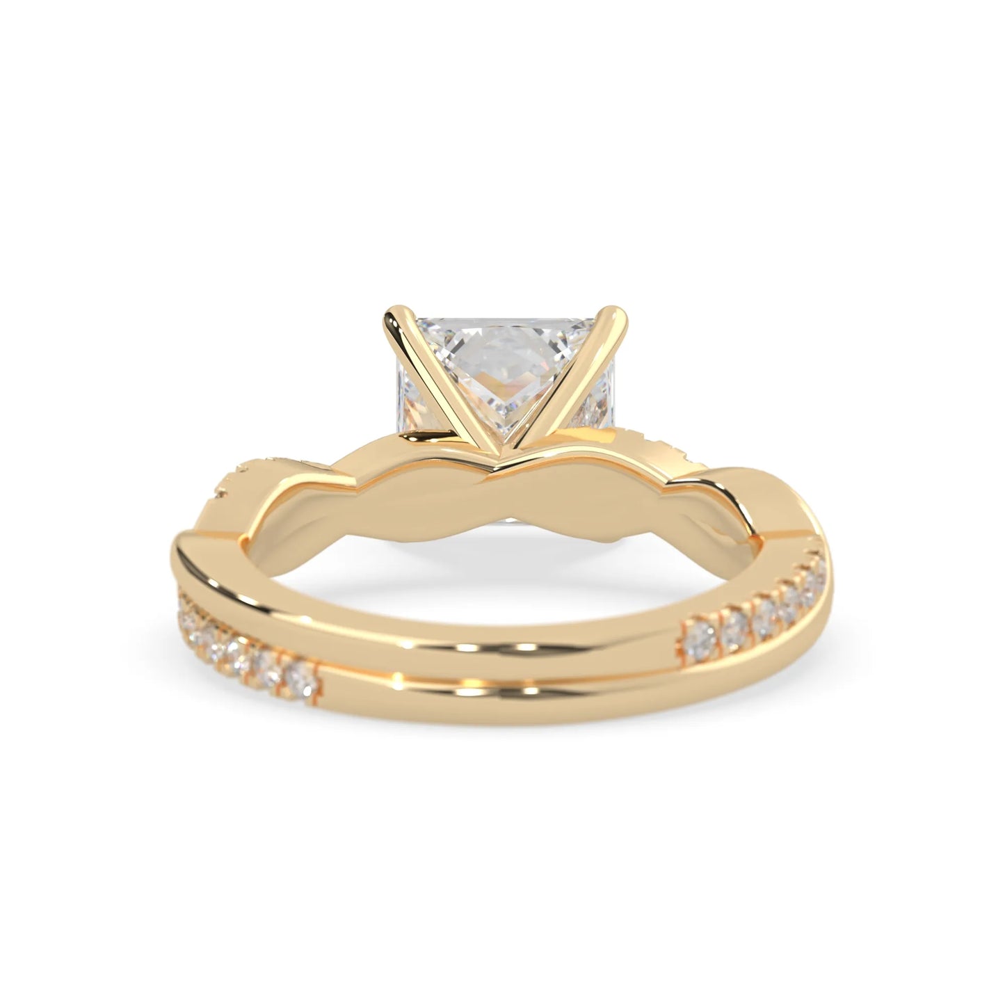 Princess brilliant lab grown diamond engagement ring with prong setting and twisted pavé diamond band in yellow gold tone