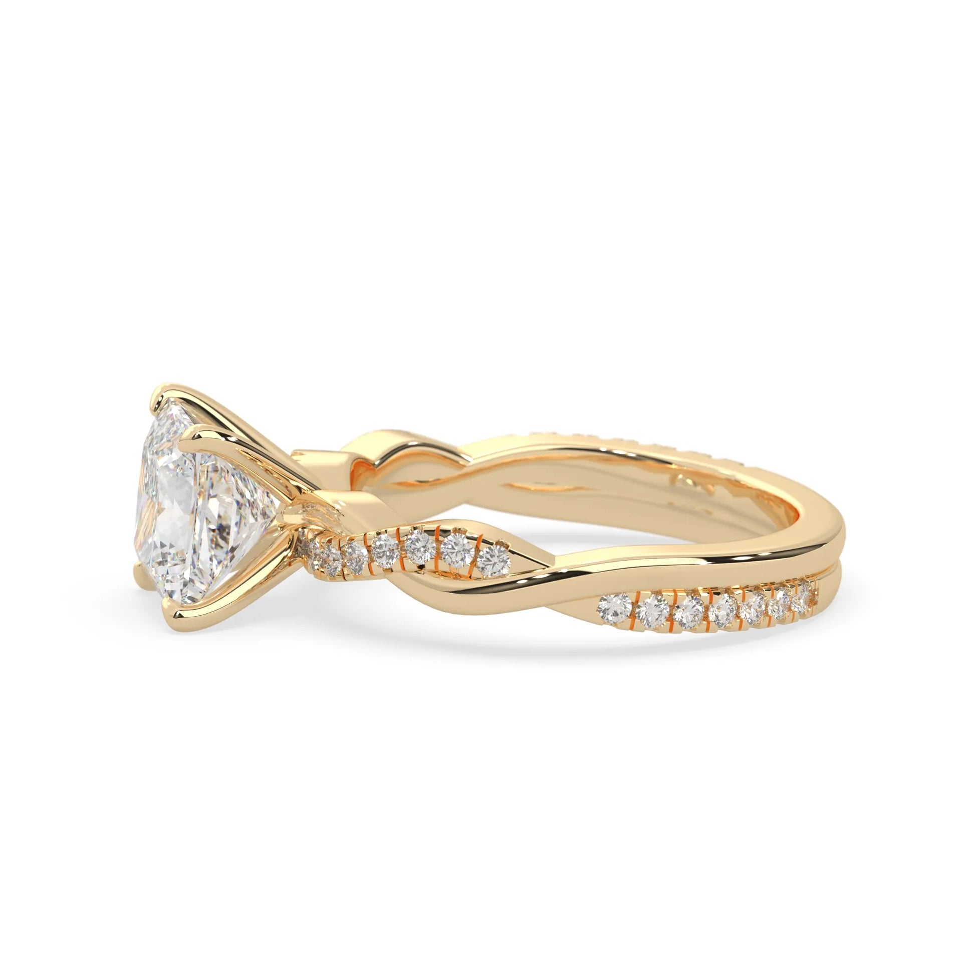 Princess brilliant lab grown diamond engagement ring with prong setting and twisted pavé diamond band in yellow gold tone
