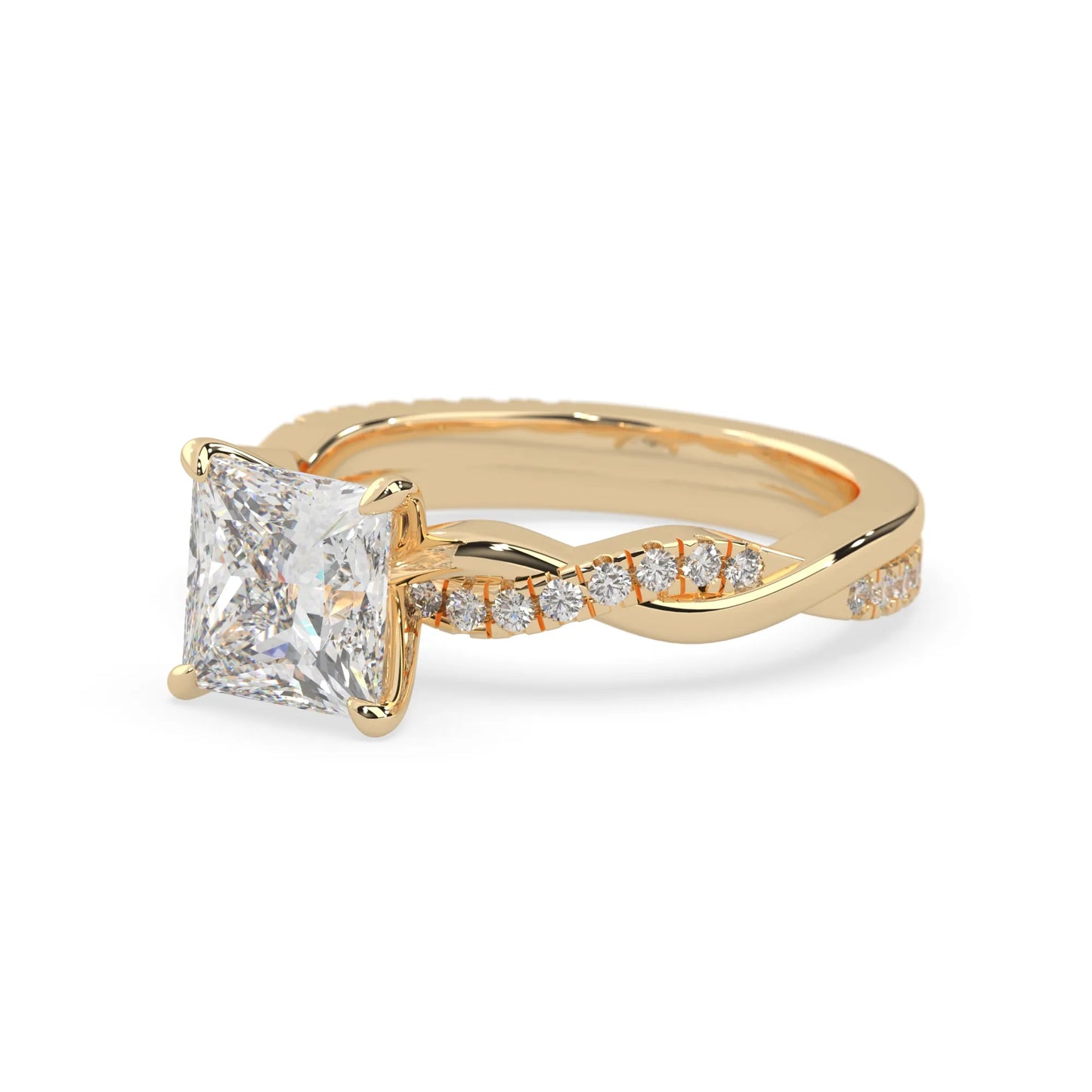Princess brilliant lab grown diamond engagement ring with prong setting and twisted pavé diamond band in yellow gold tone