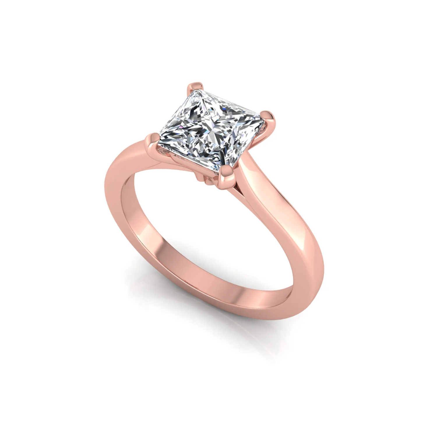 Rose-gold ring with a princess-cut diamond on a white background