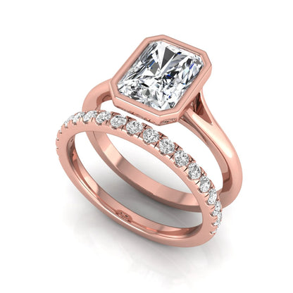 Radiant cut bezel set lab grown diamond bridal ring set with pavé contour band and rose gold metal tone.