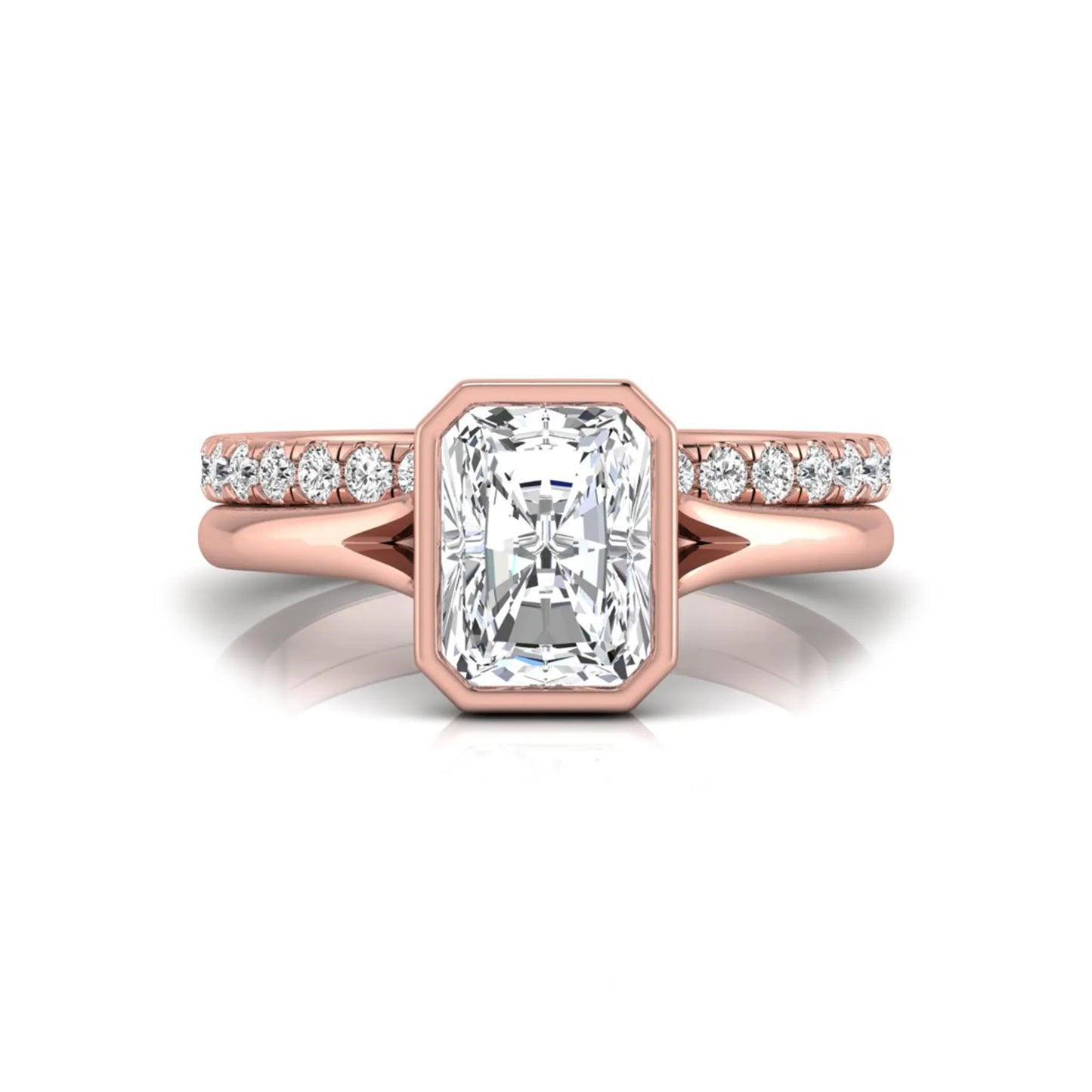 Radiant cut bezel set lab grown diamond bridal ring set with pavé contour band and rose gold metal tone.