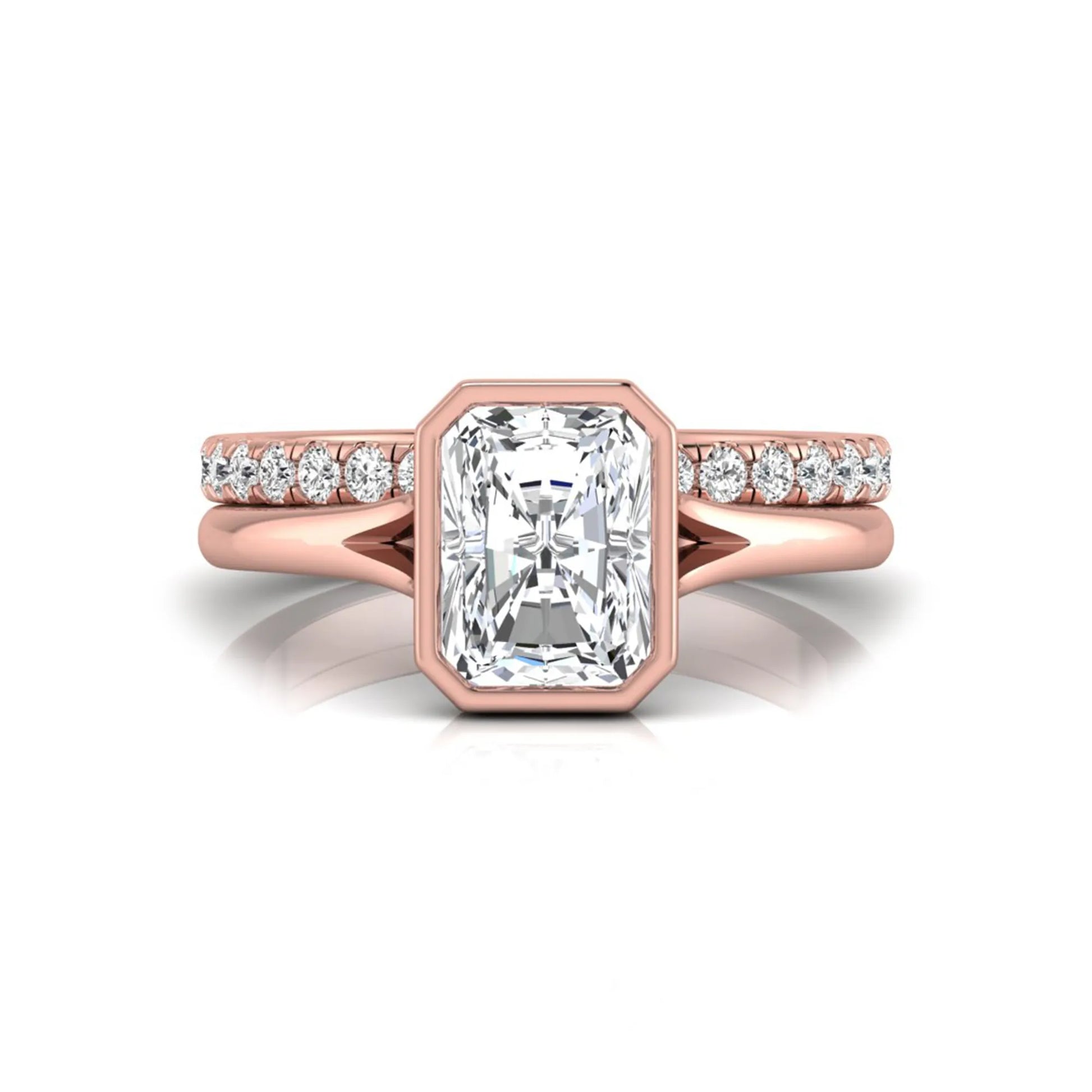 Radiant cut bezel set lab grown diamond bridal ring set with pavé contour band and rose gold metal tone.