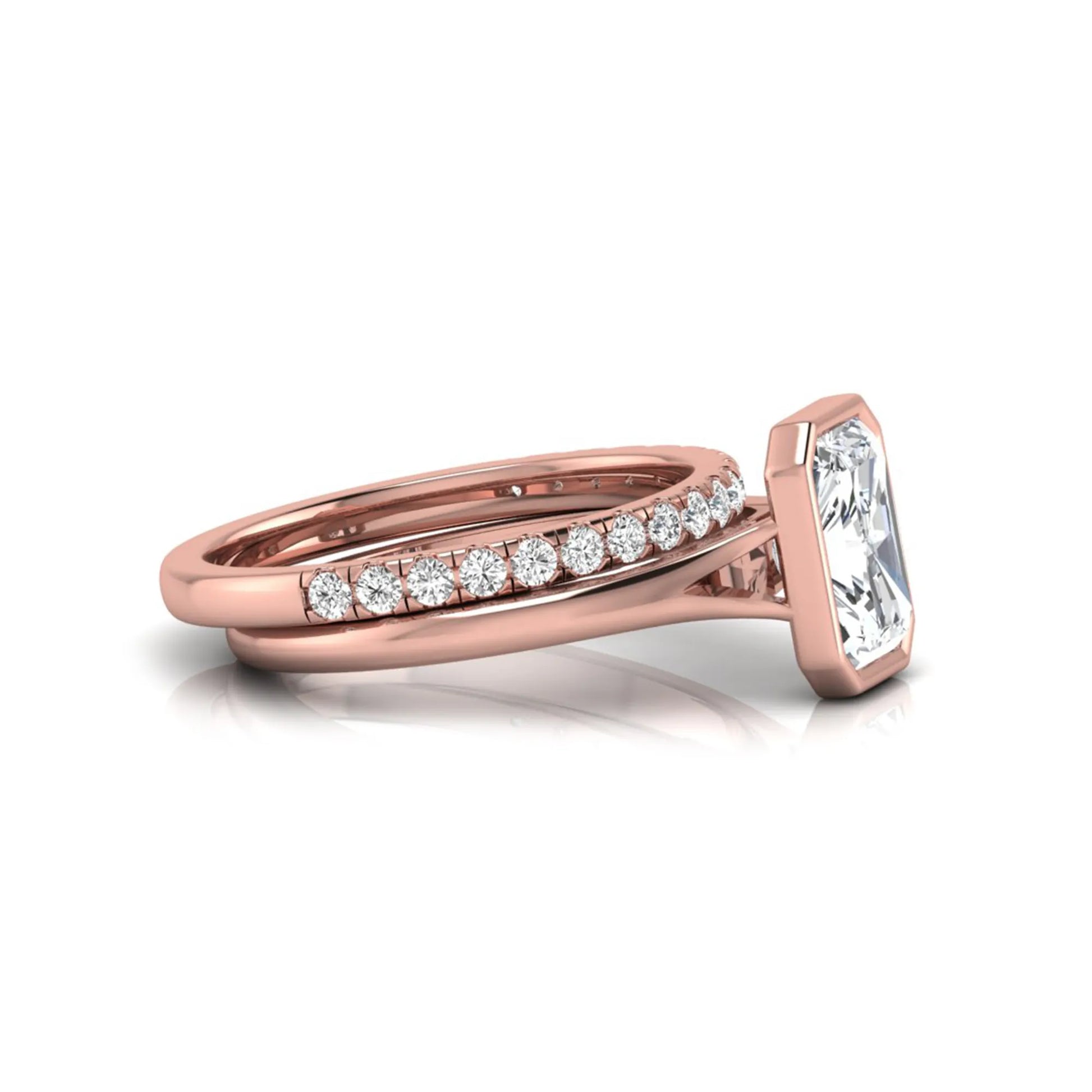 Radiant cut bezel set lab grown diamond bridal ring set with pavé contour band and rose gold metal tone.