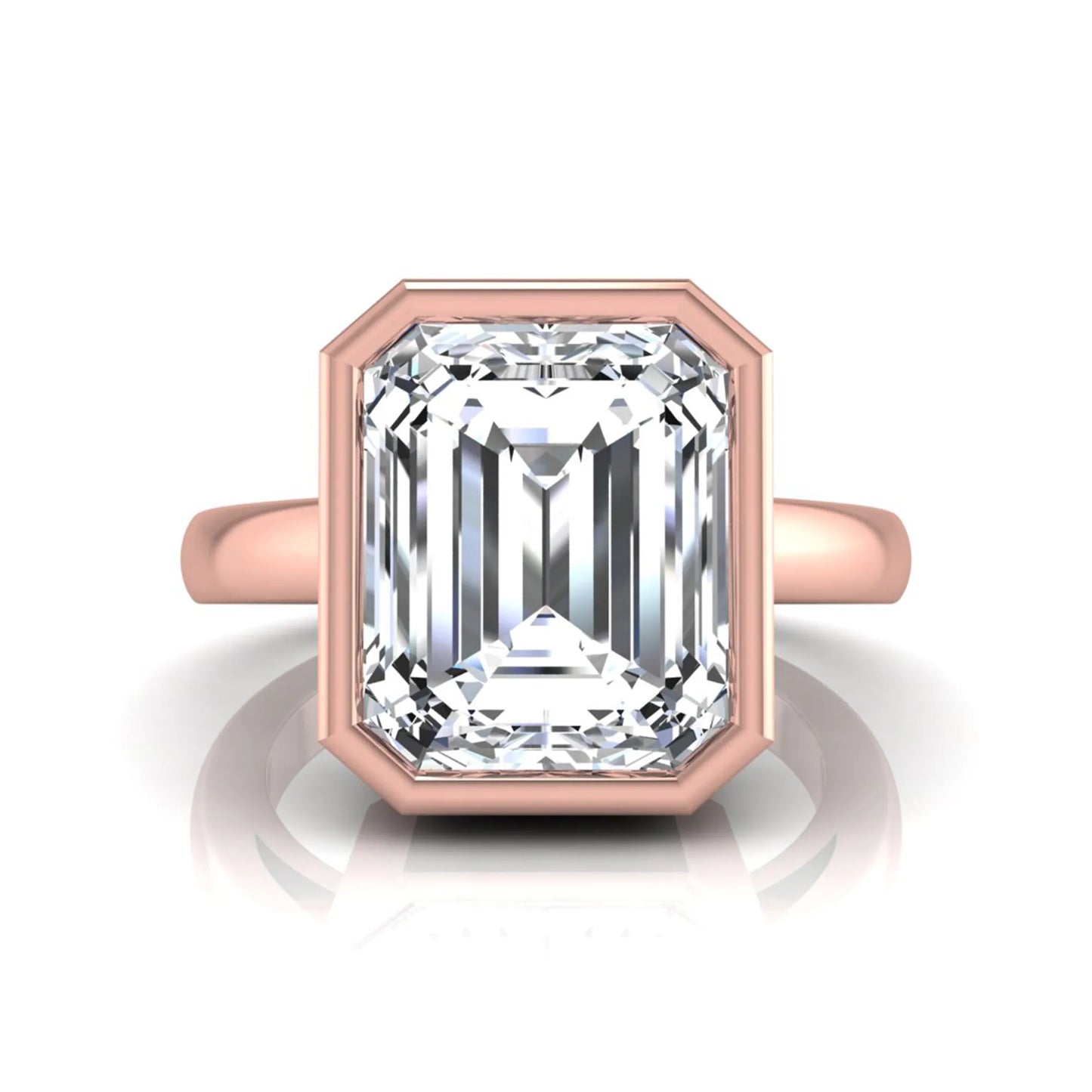 Radiant cut bezel set lab grown diamond solitaire engagement ring with a rose gold tone band featuring an IGI certified center diamond.