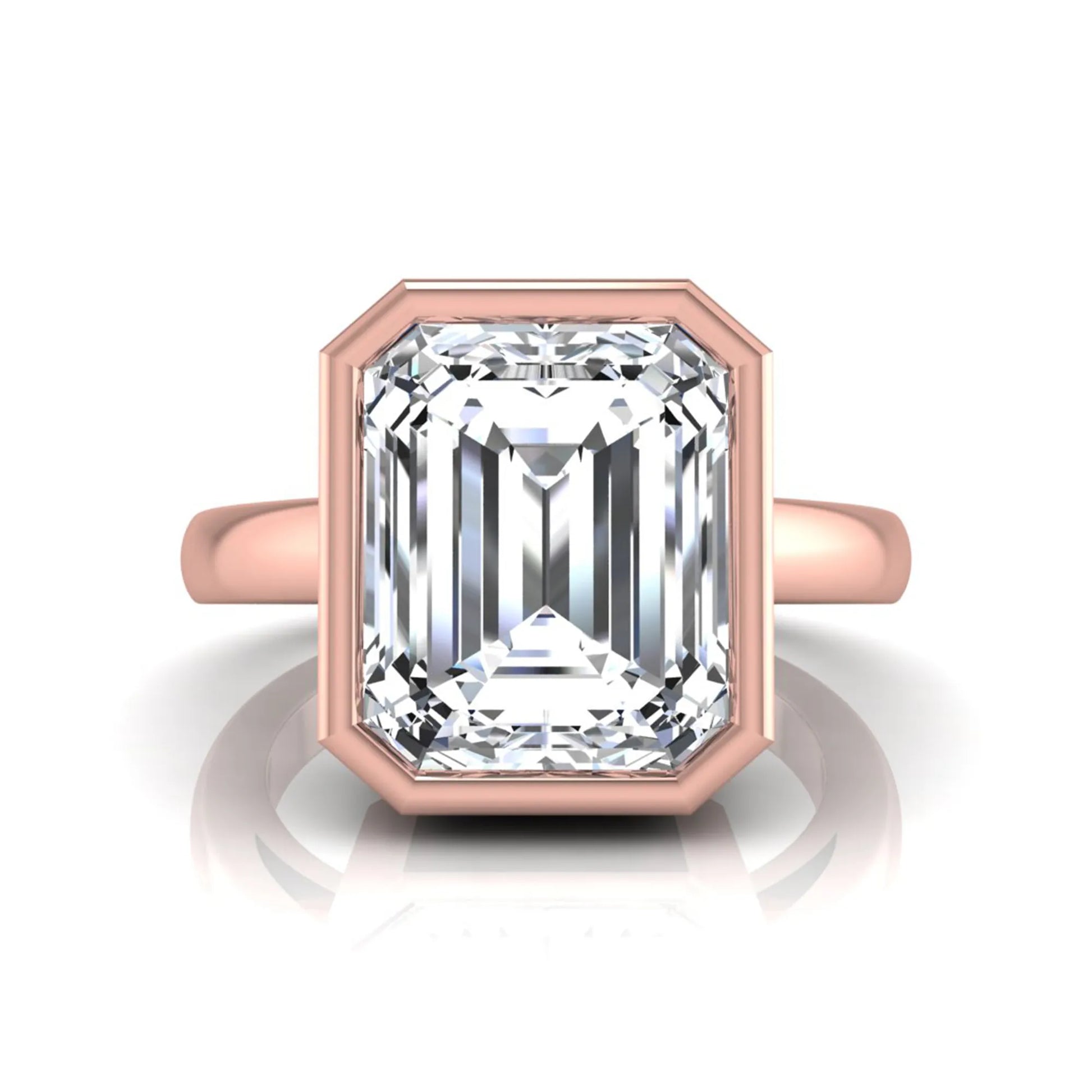 Radiant cut bezel set lab grown diamond solitaire engagement ring with a rose gold tone band featuring an IGI certified center diamond.