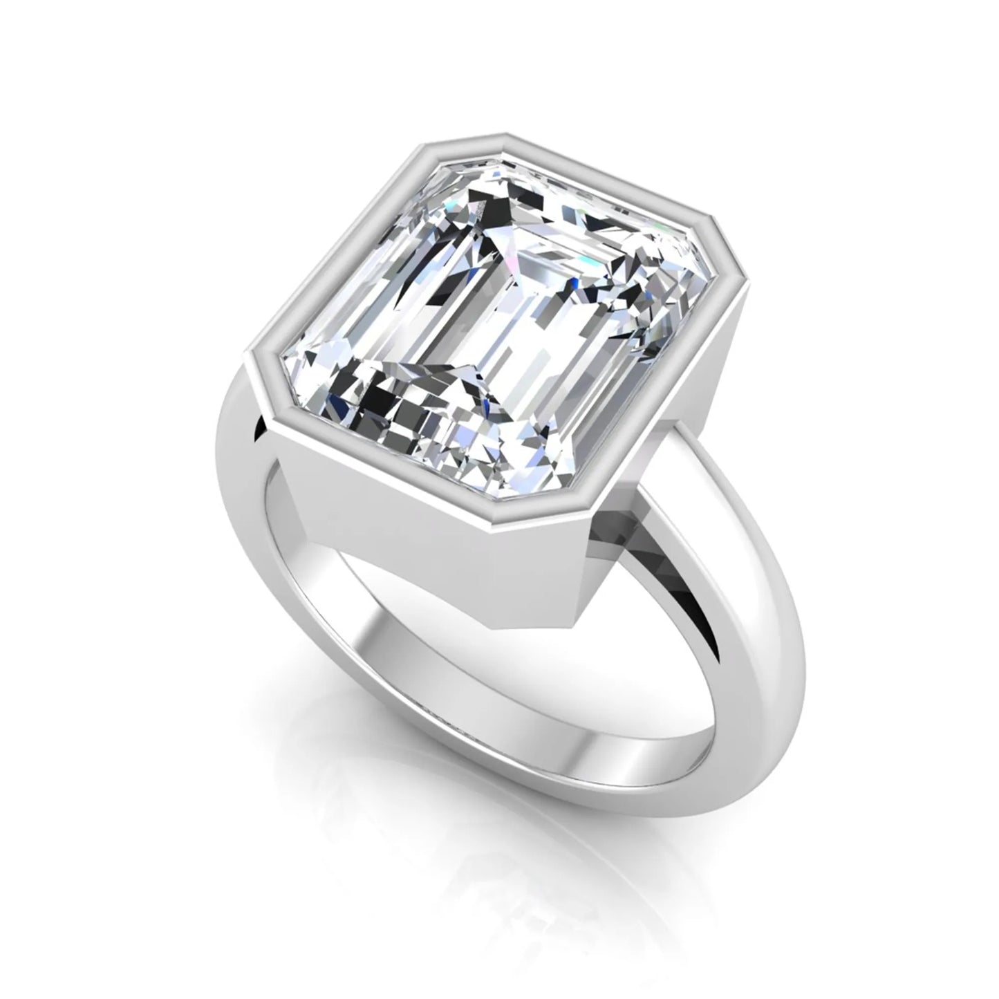 Radiant cut bezel set lab grown diamond solitaire engagement ring with a white gold tone band featuring an IGI certified center diamond.