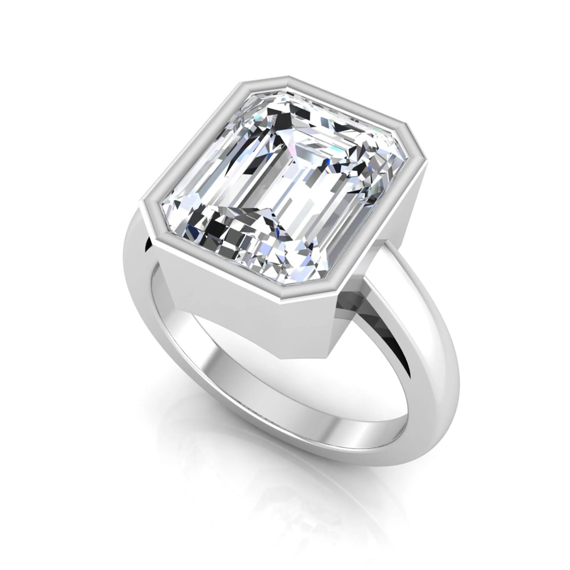Radiant cut bezel set lab grown diamond solitaire engagement ring with a white gold tone band featuring an IGI certified center diamond.