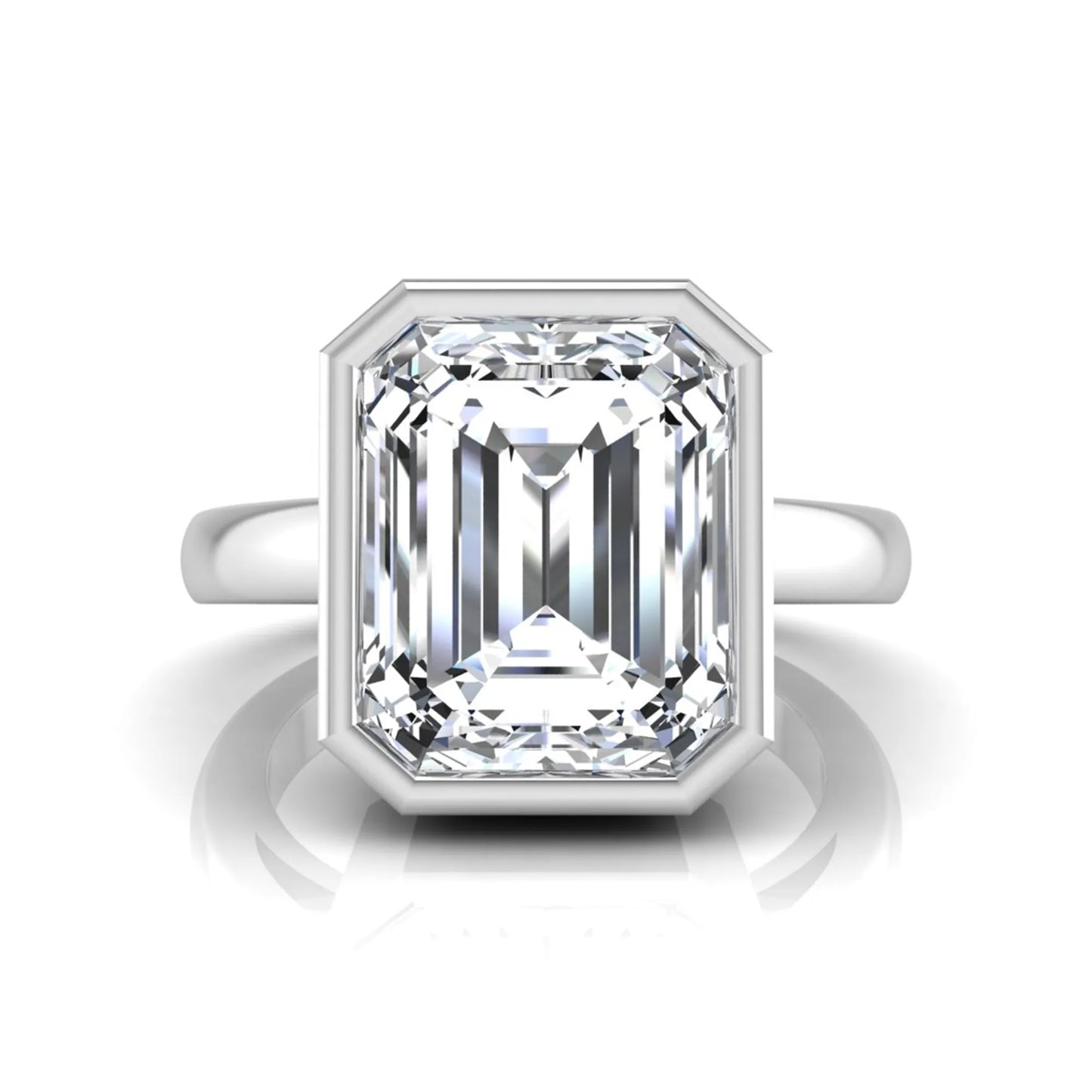 Radiant cut bezel set lab grown diamond solitaire engagement ring with a white gold tone band featuring an IGI certified center diamond.