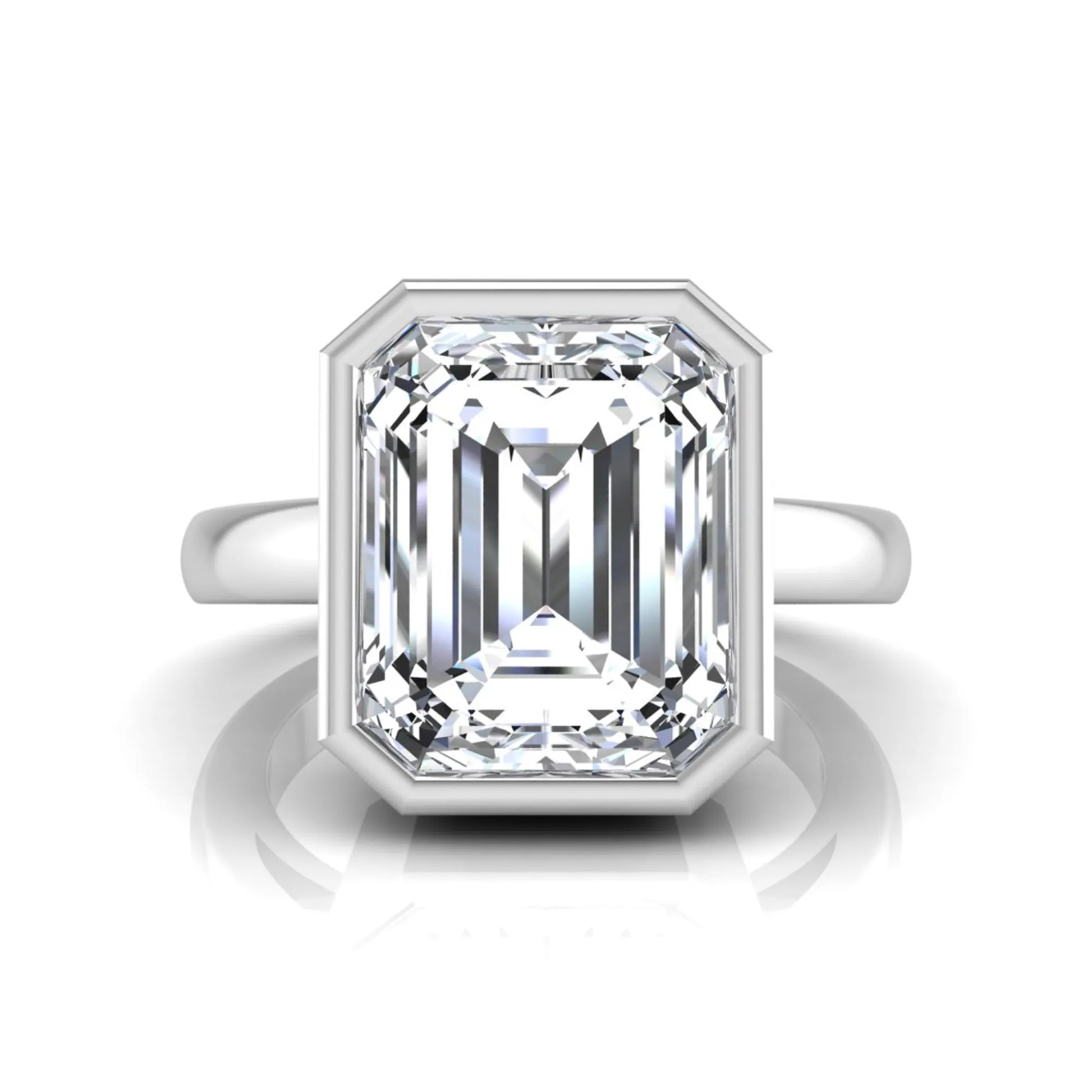 Radiant cut bezel set lab grown diamond solitaire engagement ring with a white gold tone band featuring an IGI certified center diamond.