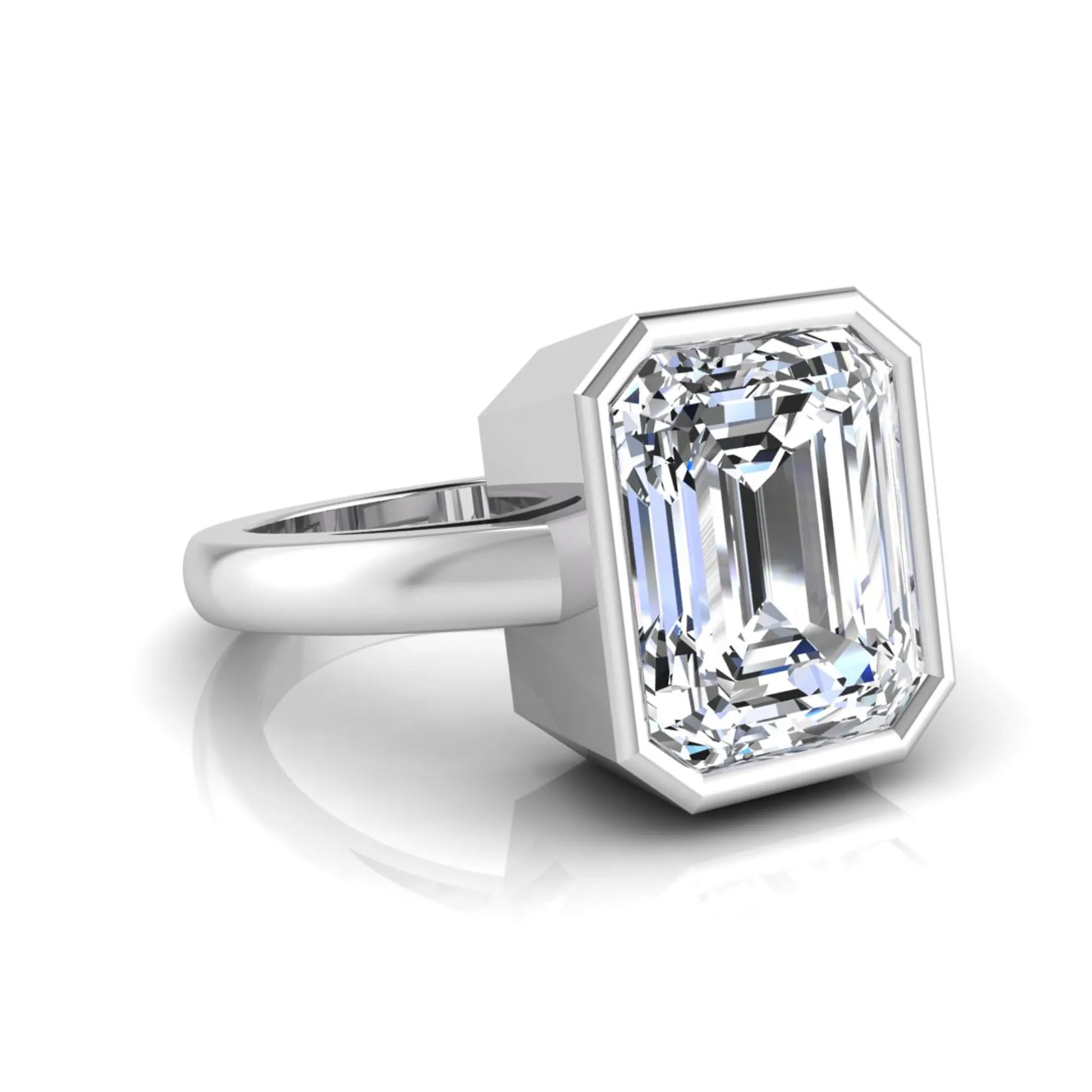 Radiant cut bezel set lab grown diamond solitaire engagement ring with a white gold tone band featuring an IGI certified center diamond.