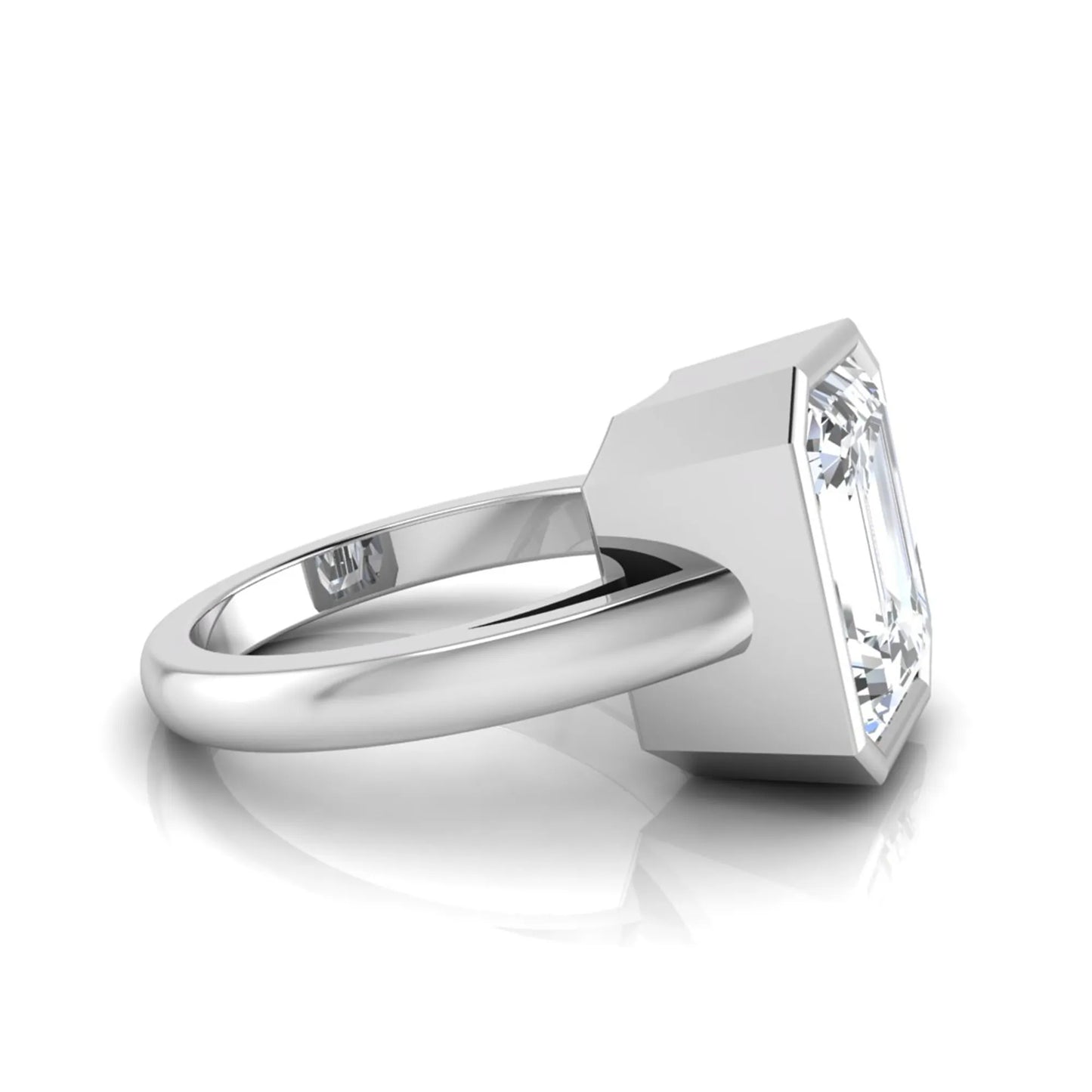 Radiant cut bezel set lab grown diamond solitaire engagement ring with a white gold tone band featuring an IGI certified center diamond.