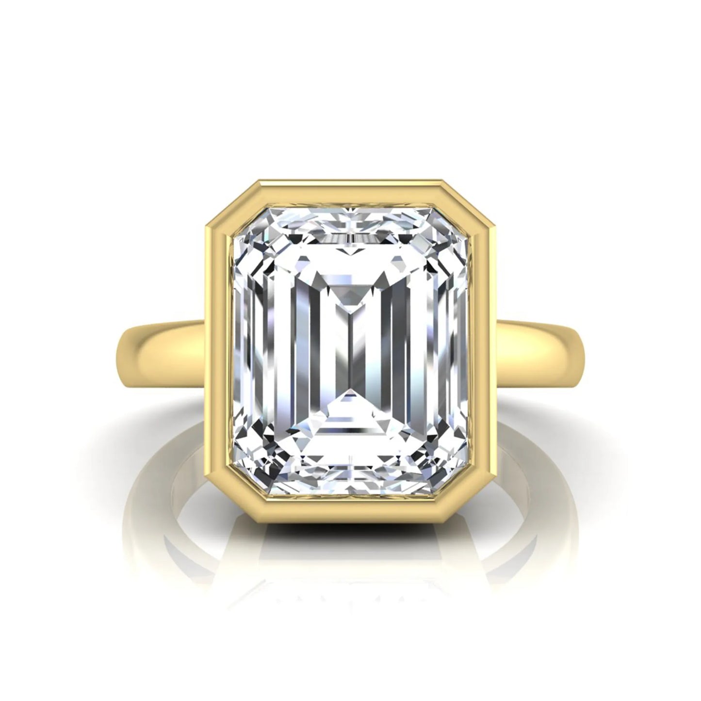 Radiant cut bezel set lab grown diamond solitaire engagement ring with a yellow gold tone band featuring an IGI certified center diamond.