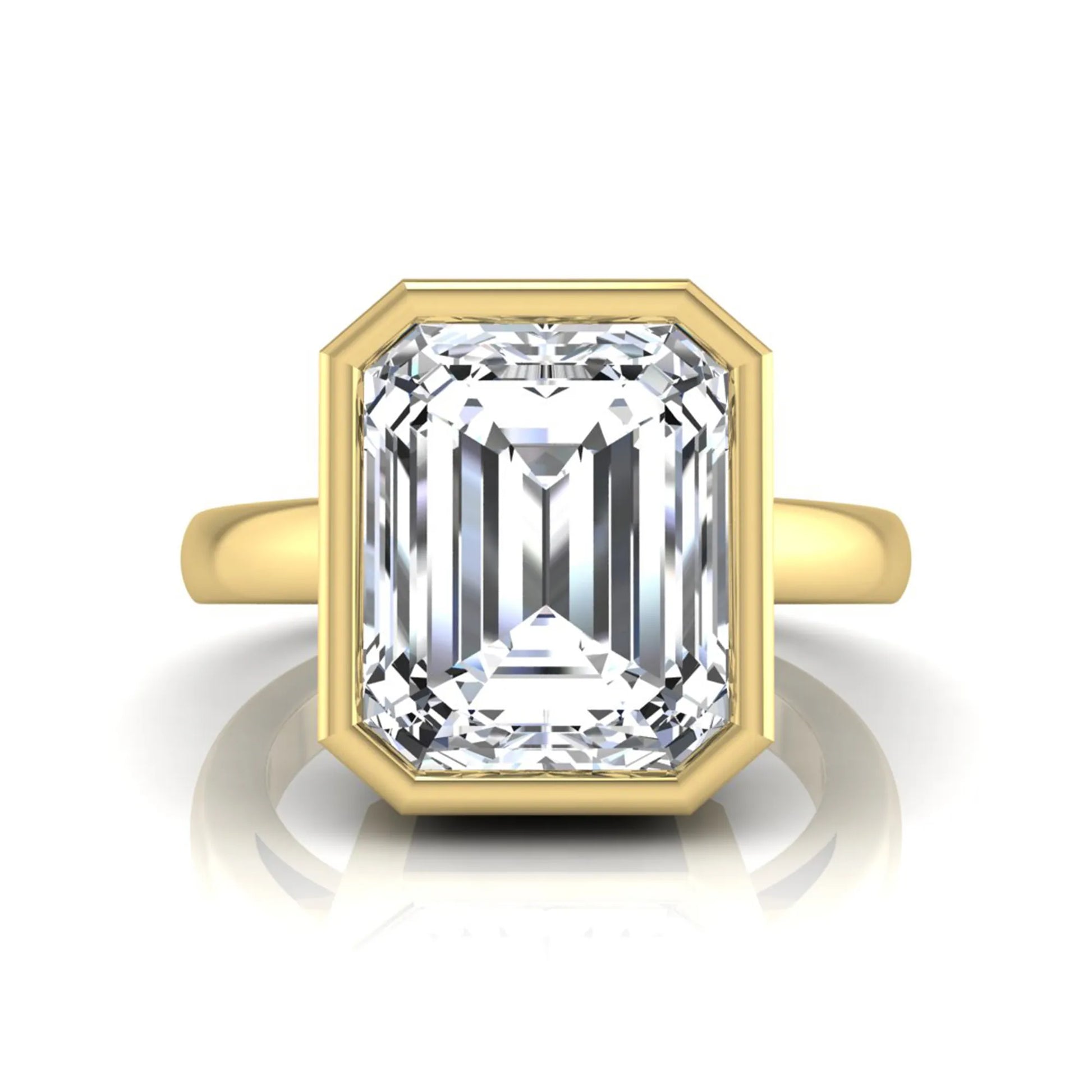 Radiant cut bezel set lab grown diamond solitaire engagement ring with a yellow gold tone band featuring an IGI certified center diamond.
