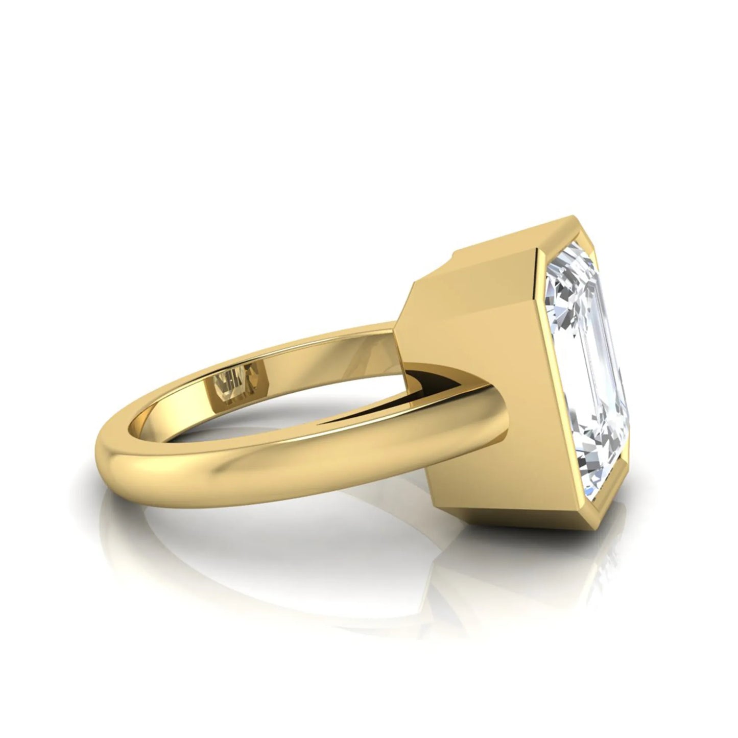 Radiant cut bezel set lab grown diamond solitaire engagement ring with a yellow gold tone band featuring an IGI certified center diamond.