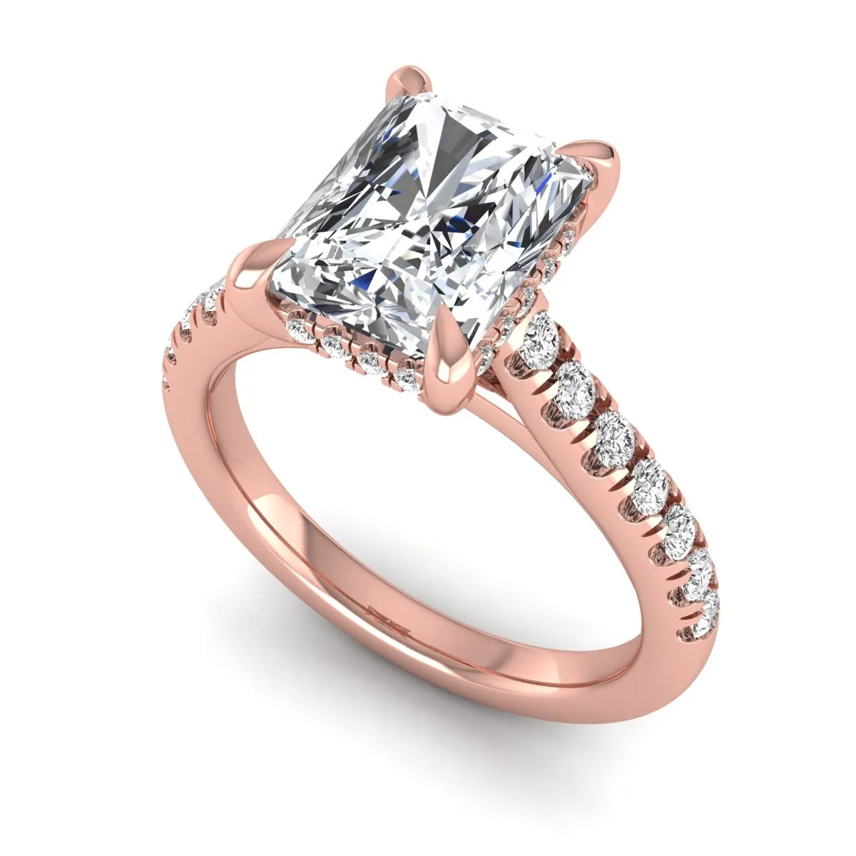 Radiant cut lab grown diamond hidden halo engagement ring with pavé diamond band and cathedral setting in rose gold.