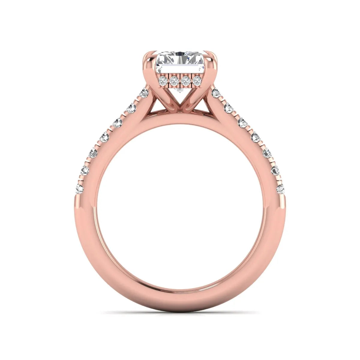 Radiant cut lab grown diamond hidden halo engagement ring with pavé diamond band and cathedral setting in rose gold.