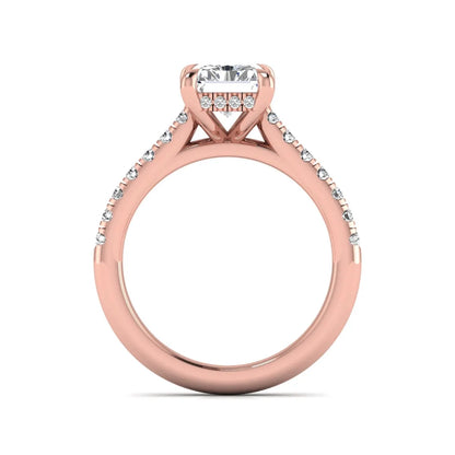 Radiant cut lab grown diamond hidden halo engagement ring with pavé diamond band and cathedral setting in rose gold.