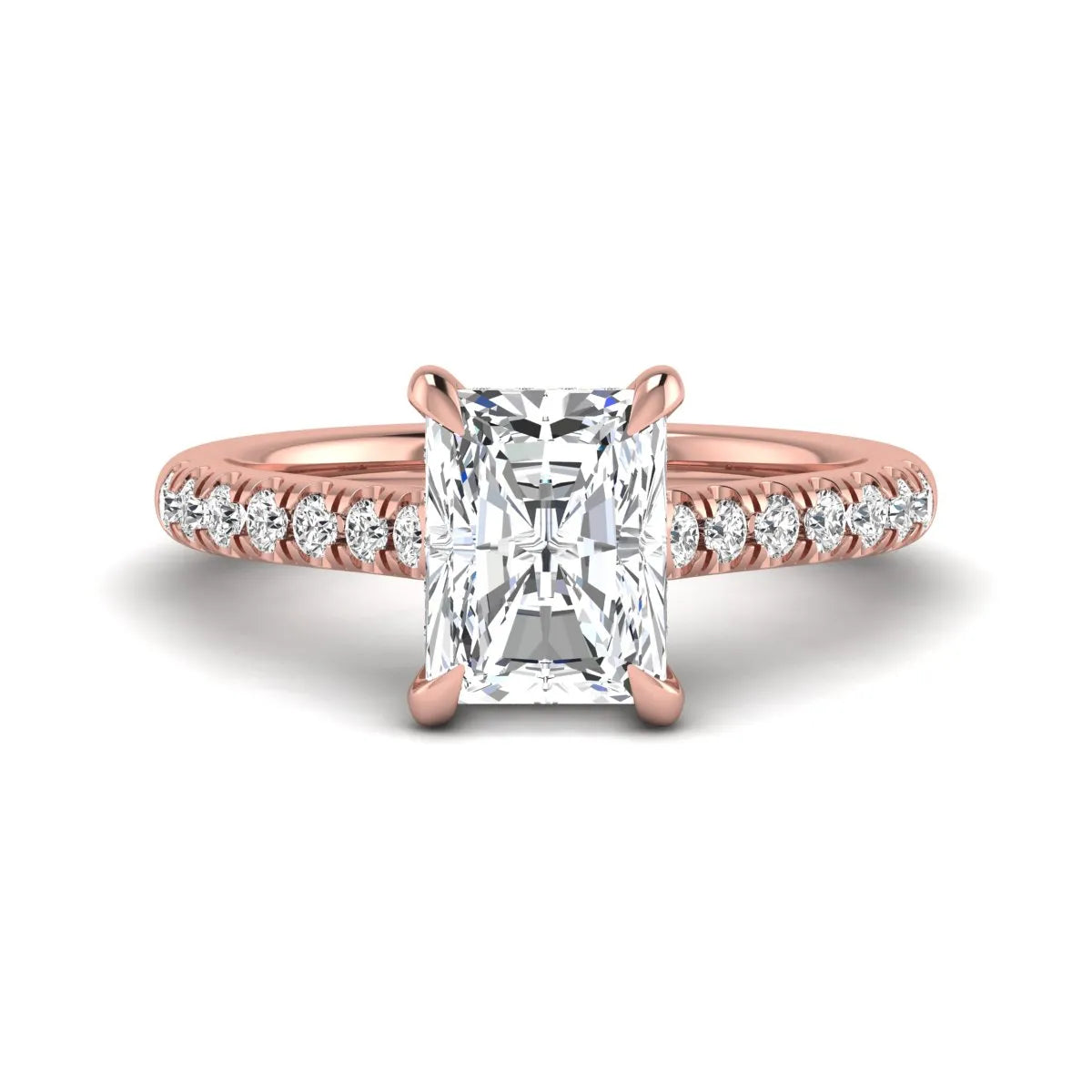 Radiant cut lab grown diamond hidden halo engagement ring with pavé diamond band and cathedral setting in rose gold.