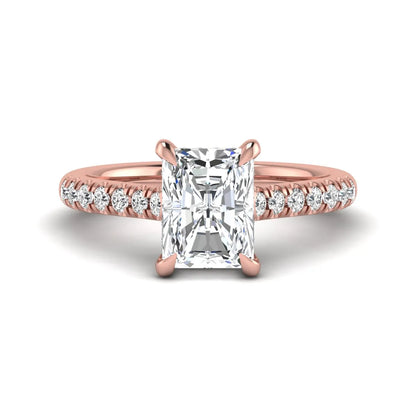 Radiant cut lab grown diamond hidden halo engagement ring with pavé diamond band and cathedral setting in rose gold.